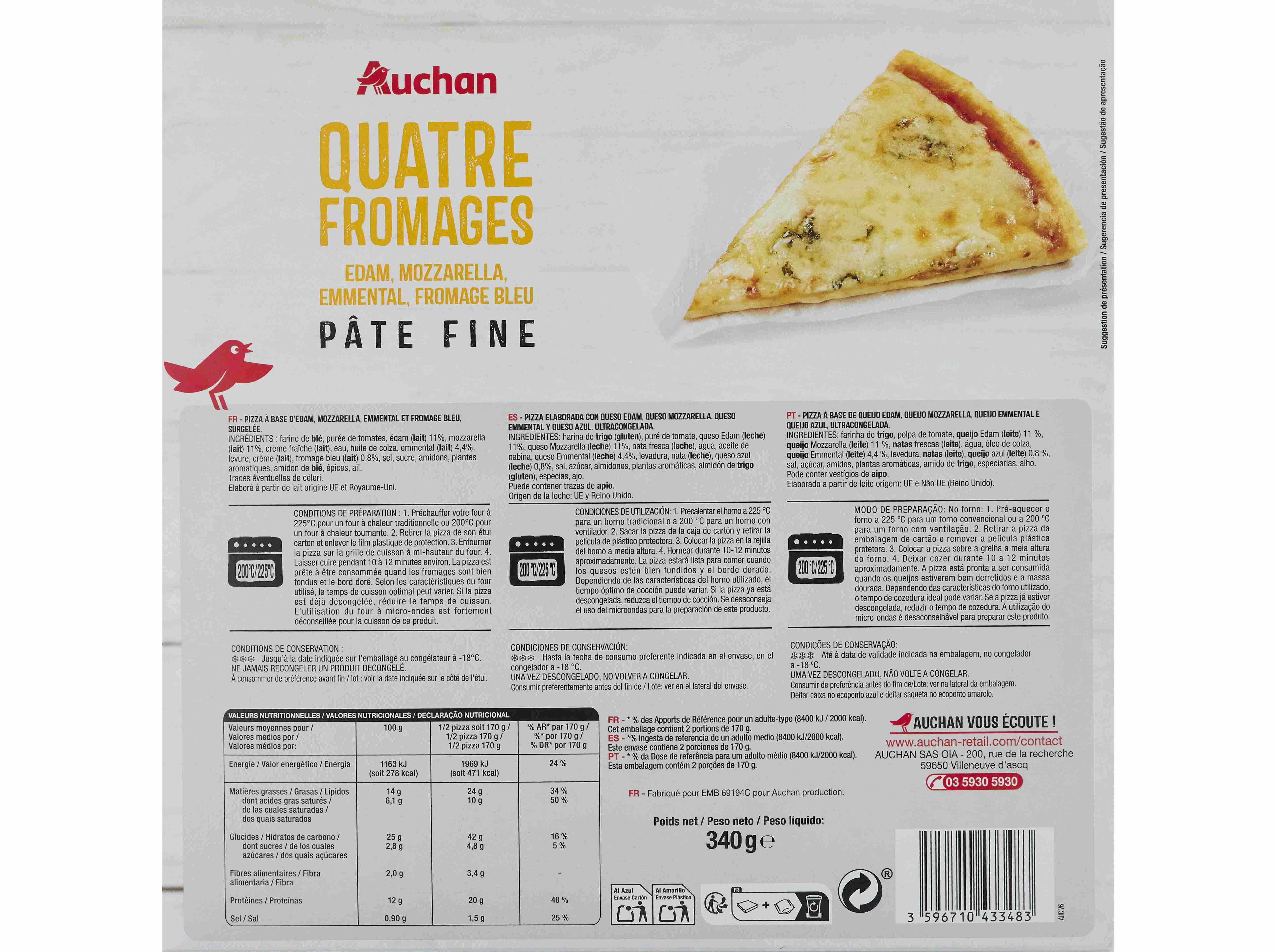 PIZZA AUCHAN MASSA FINA 4 QUEIJOS EDAM MOZZARELA EMMENTAL BLEU 340G image number 1