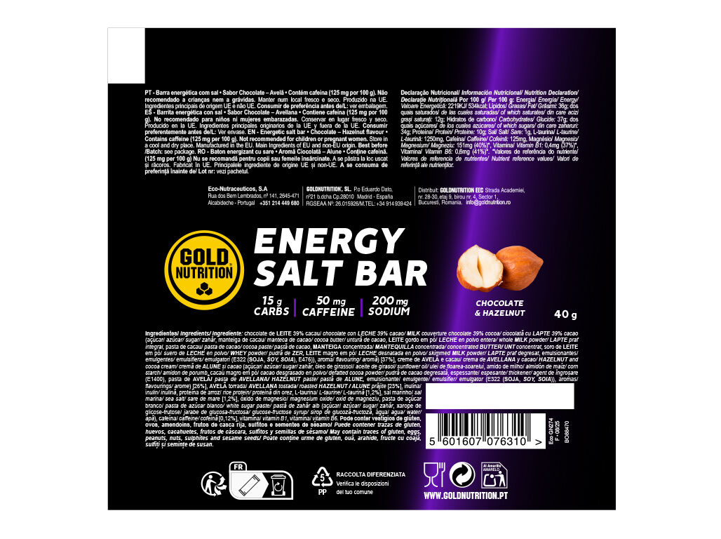 BARRA GOLDNUTRITION ENDURANCE SALT BAR CHOCOLATE AVEL&Atilde; 40G image number 1