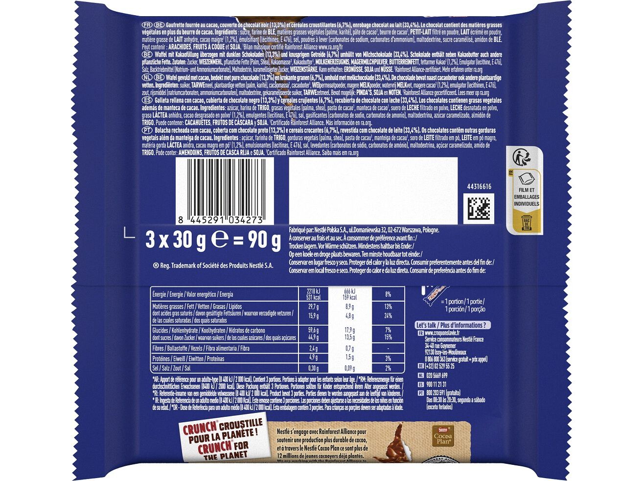 CHOCOLATE CRUNCH SNACK WAFER MULTIPACK 3X30G image number 1