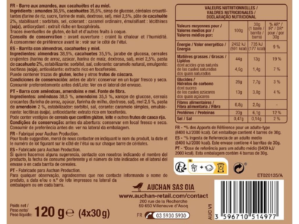 BARRAS CEREAIS AUCHAN AM&Ecirc;NDOAS E MEL 4 UN 120G image number 1
