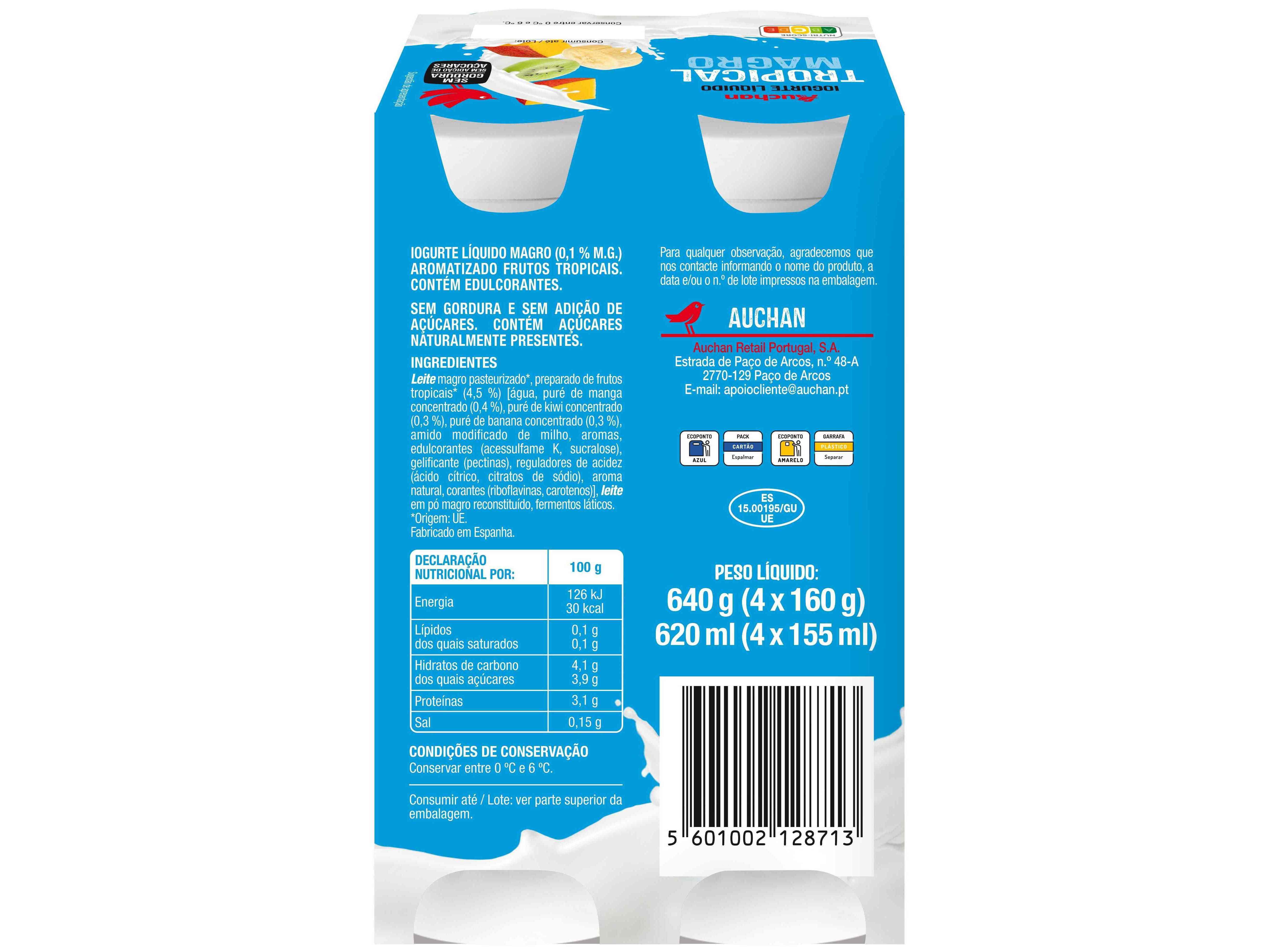 IOGURTE L&Iacute;QUIDO MAGRO AUCHAN TROPICAL 4X160G image number 1