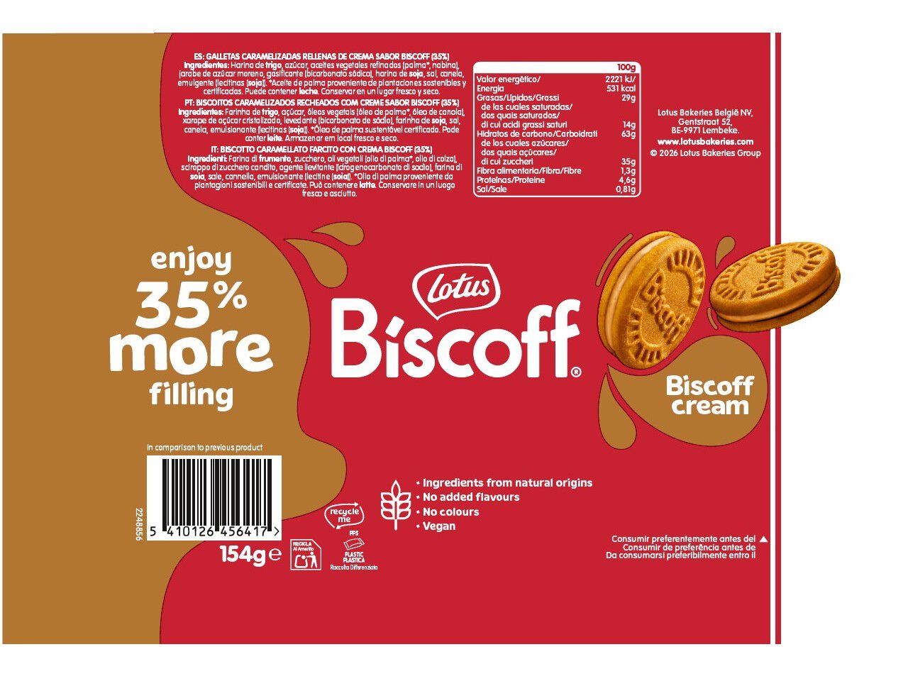 BOLACHAS RECHEADAS BISCOFF BISCOFF CREAM 154G image number 1
