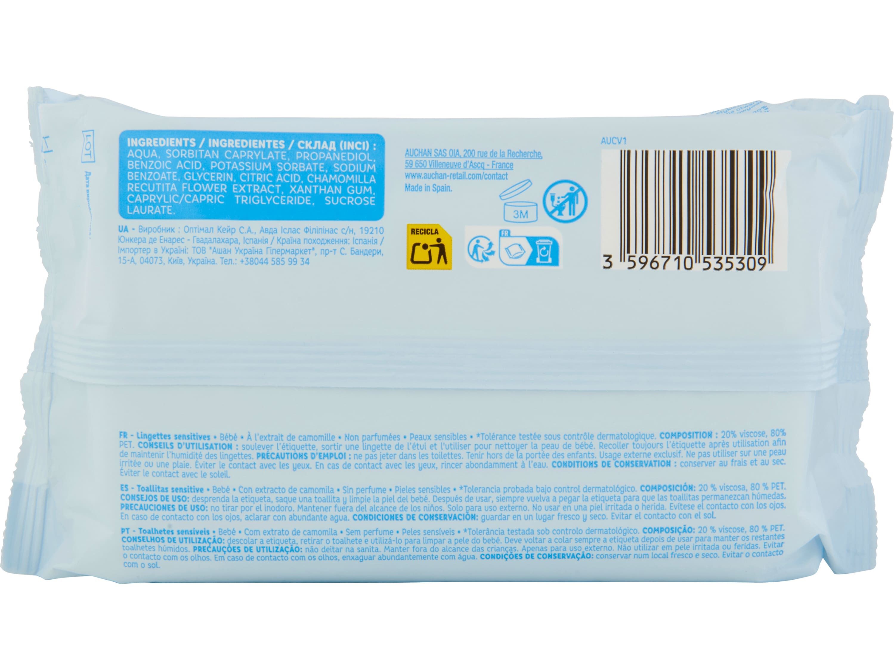 TOALHITAS AUCHAN BABY SENSITIVE C/CAMOMILA 64UN image number 1