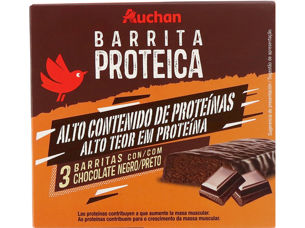 BARRITA PROTEICA AUCHAN COM CHOCOLATE PRETO 3UN 120G image number 0
