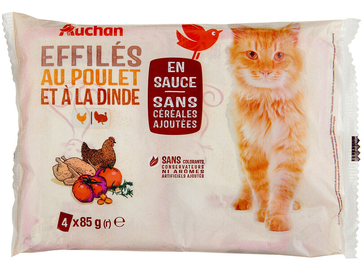 COMIDA H&Uacute;MIDA PARA GATO AUCHAN NATURAL SAQUETAS CARNES SEM CEREAIS ADICIONADOS 4X85G image number 0