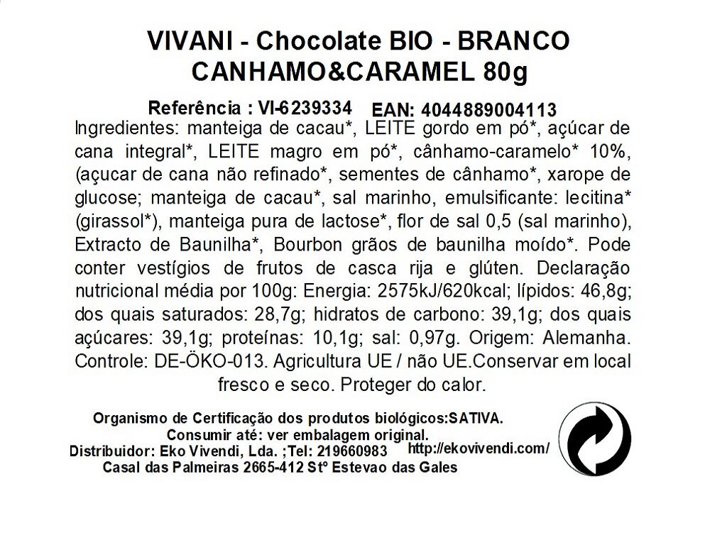 CHOCOLOLATE VIVANI BRANCO CANHAMO E CARAMELO BIO 80G image number 1