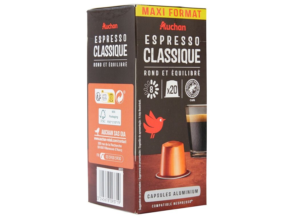 C&Aacute;PSULAS DE CAF&Eacute; AUCHAN COMPAT&Iacute;VEIS COM M&Aacute;QUINAS NESPRESSO EXPRESSO CLASSIQUE 20 UN