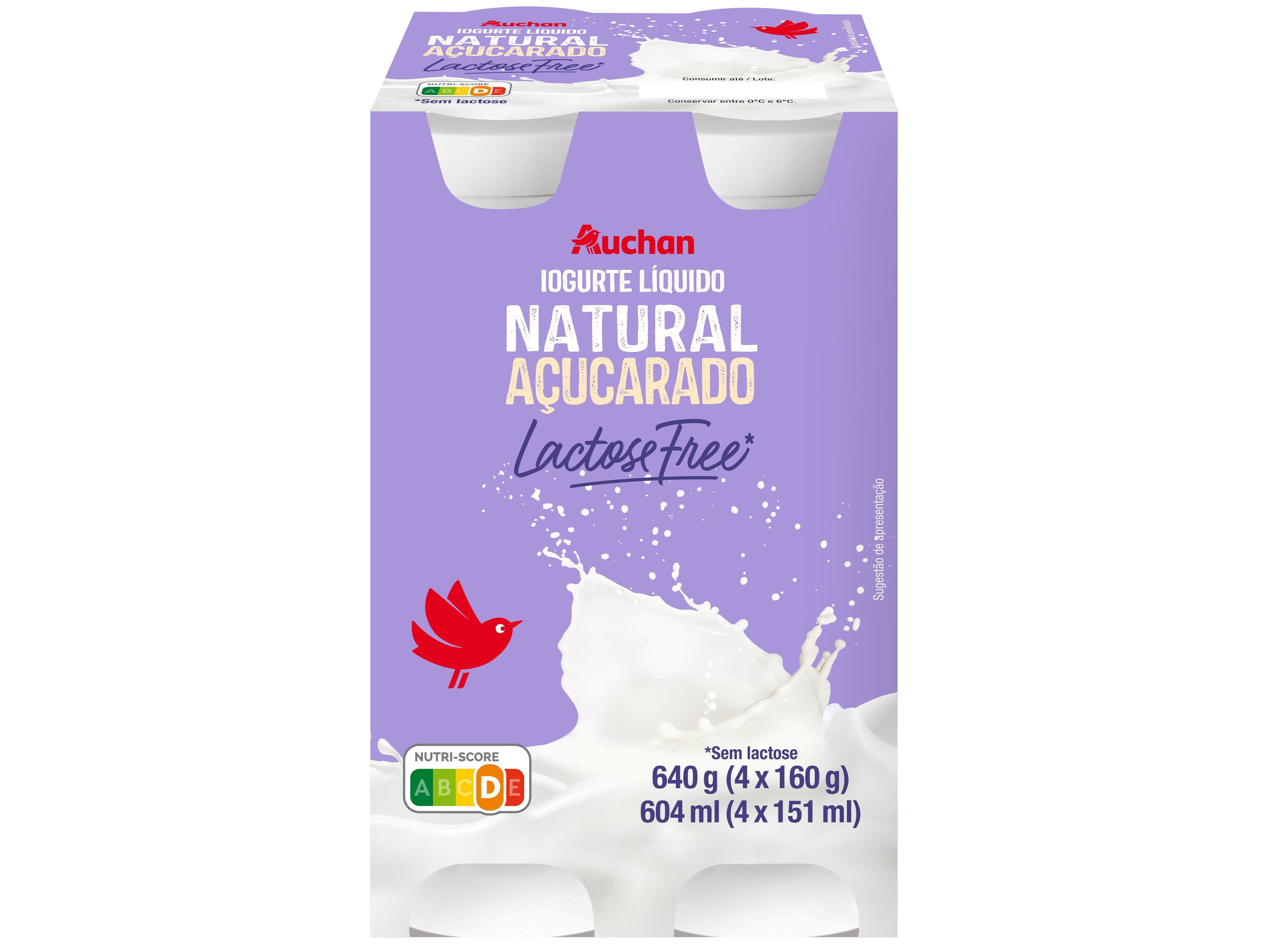 IOGURTE L&Iacute;QUIDO AUCHAN SEM LACTOSE NATURAL A&Ccedil;UCARADO 4X160G