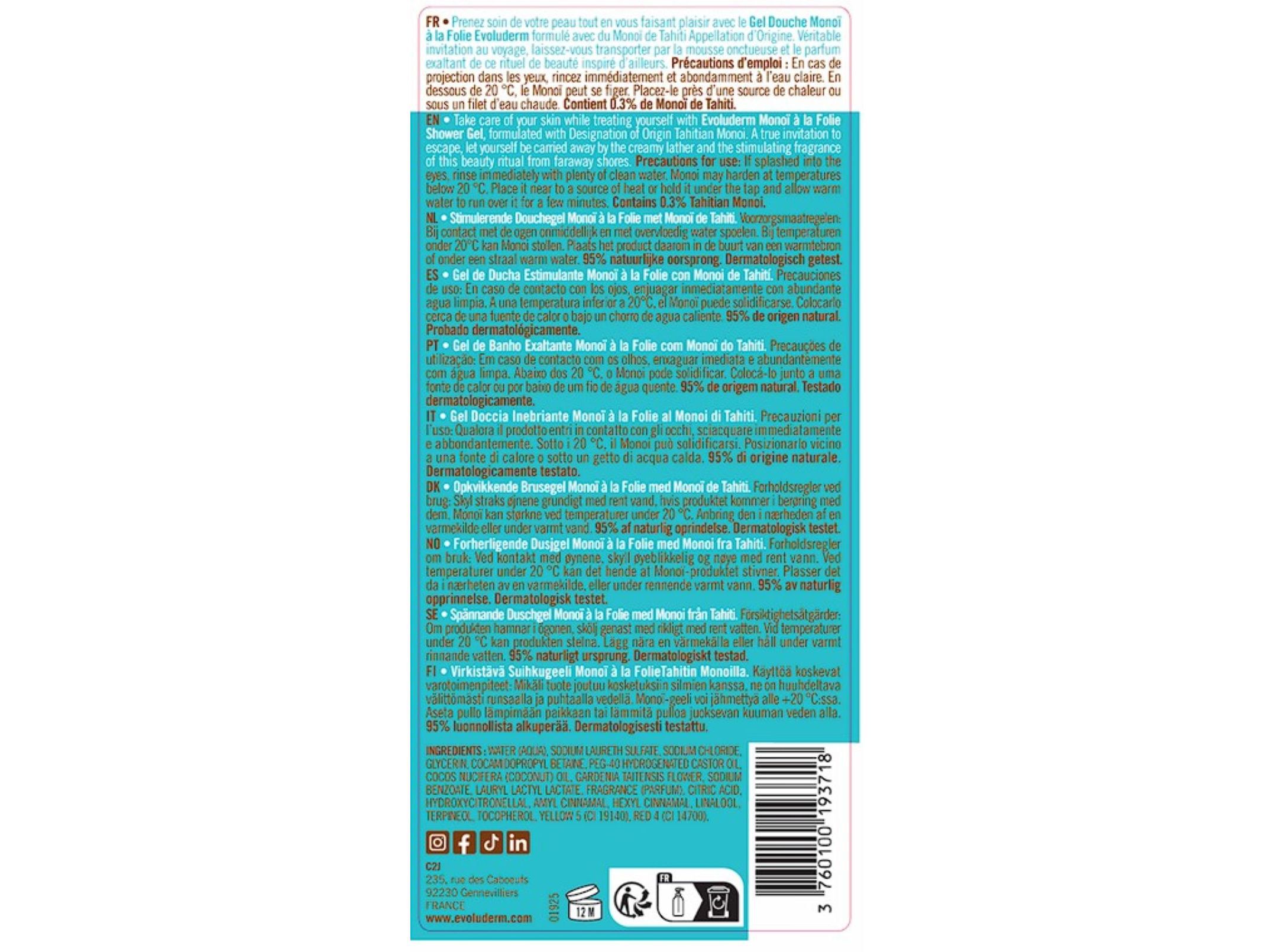 GEL DE BANHO EVOLUDERM MONOI A LA FOLIE 1 LT image number 1