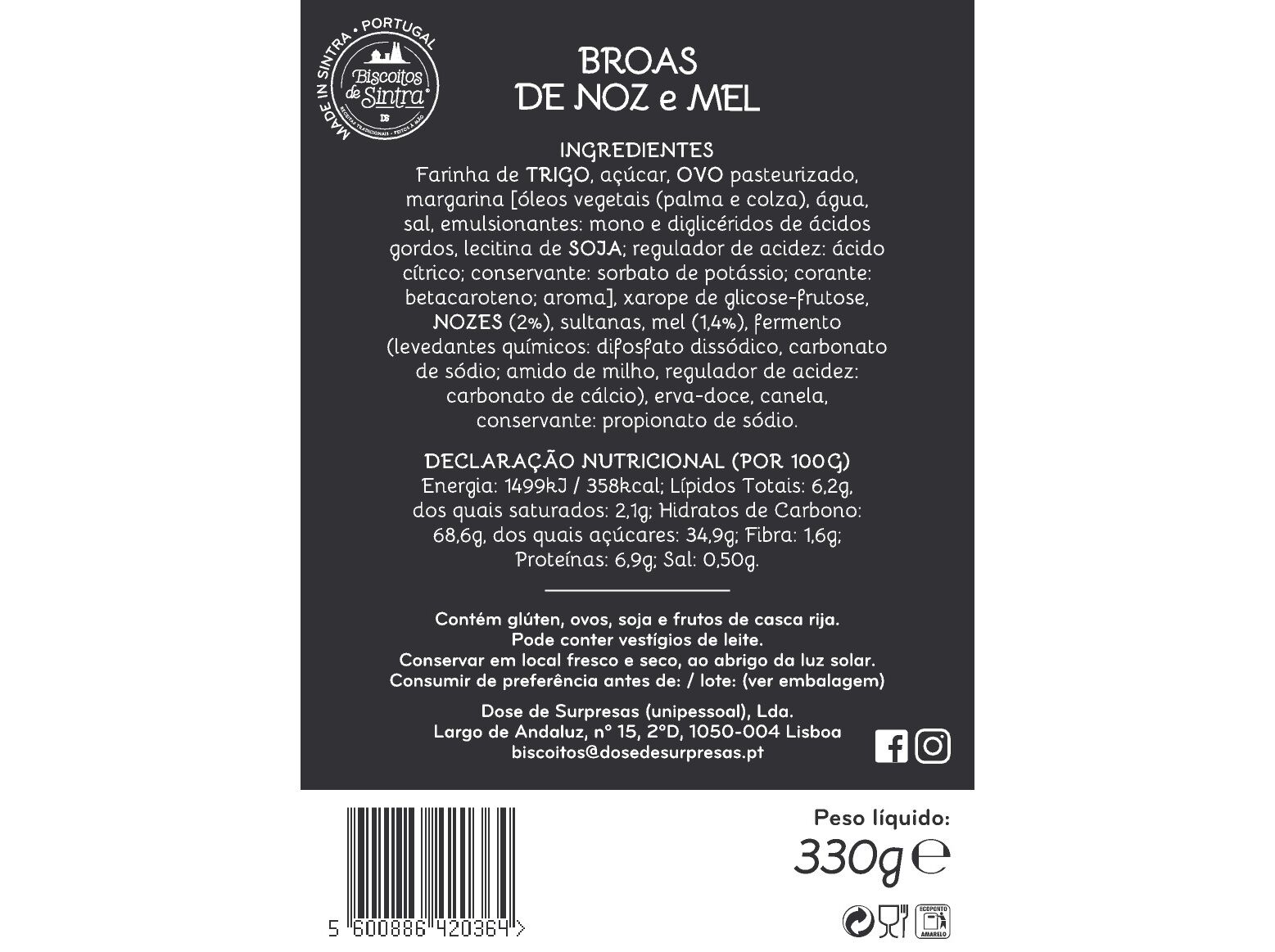 BROAS BISCOITOS DE SINTRA DE NOZ E MEL 330GR image number 1