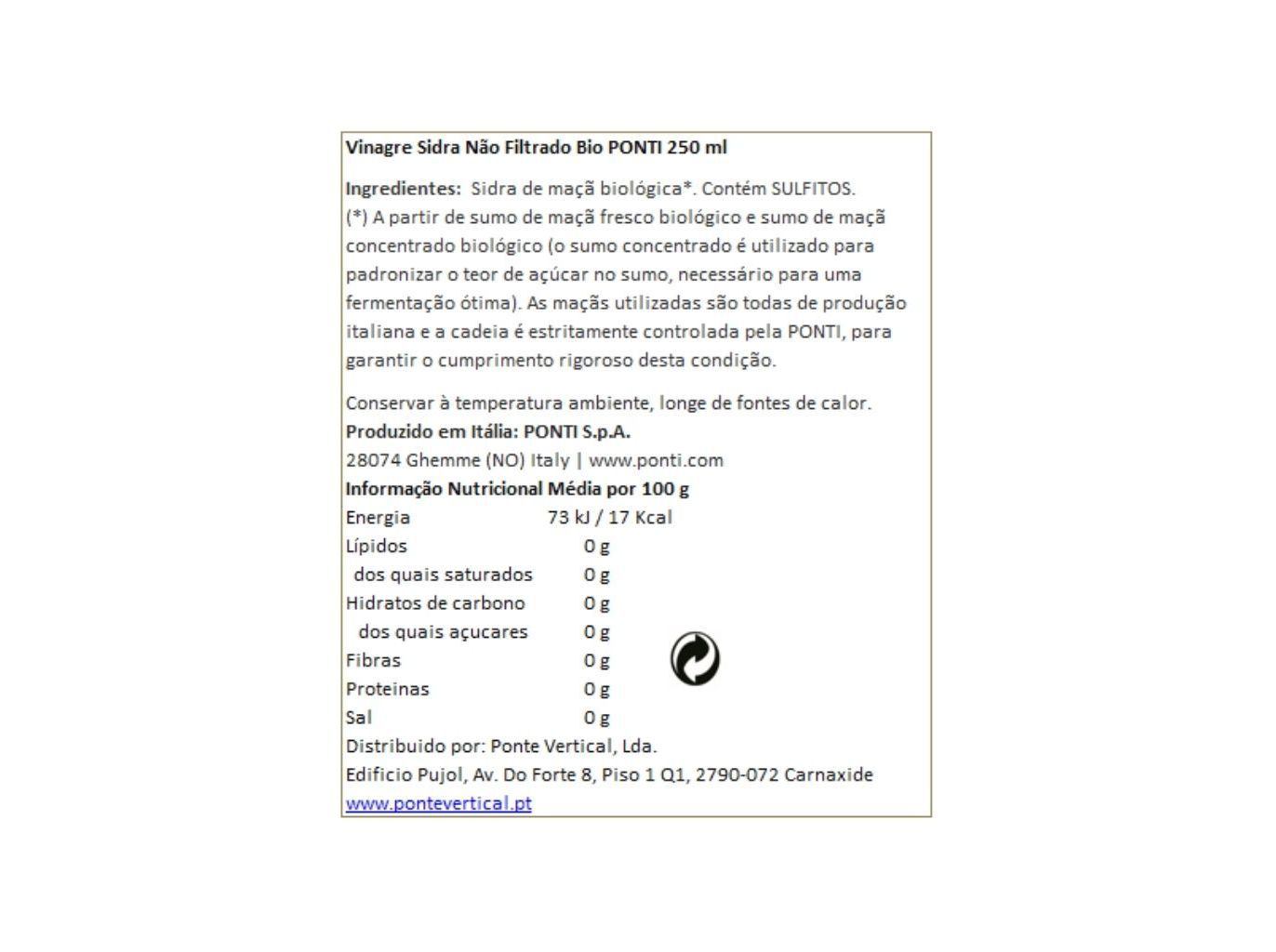 VINAGRE PONTI SIDRA N&Atilde;O FILTRADO BIO 250ML image number 1
