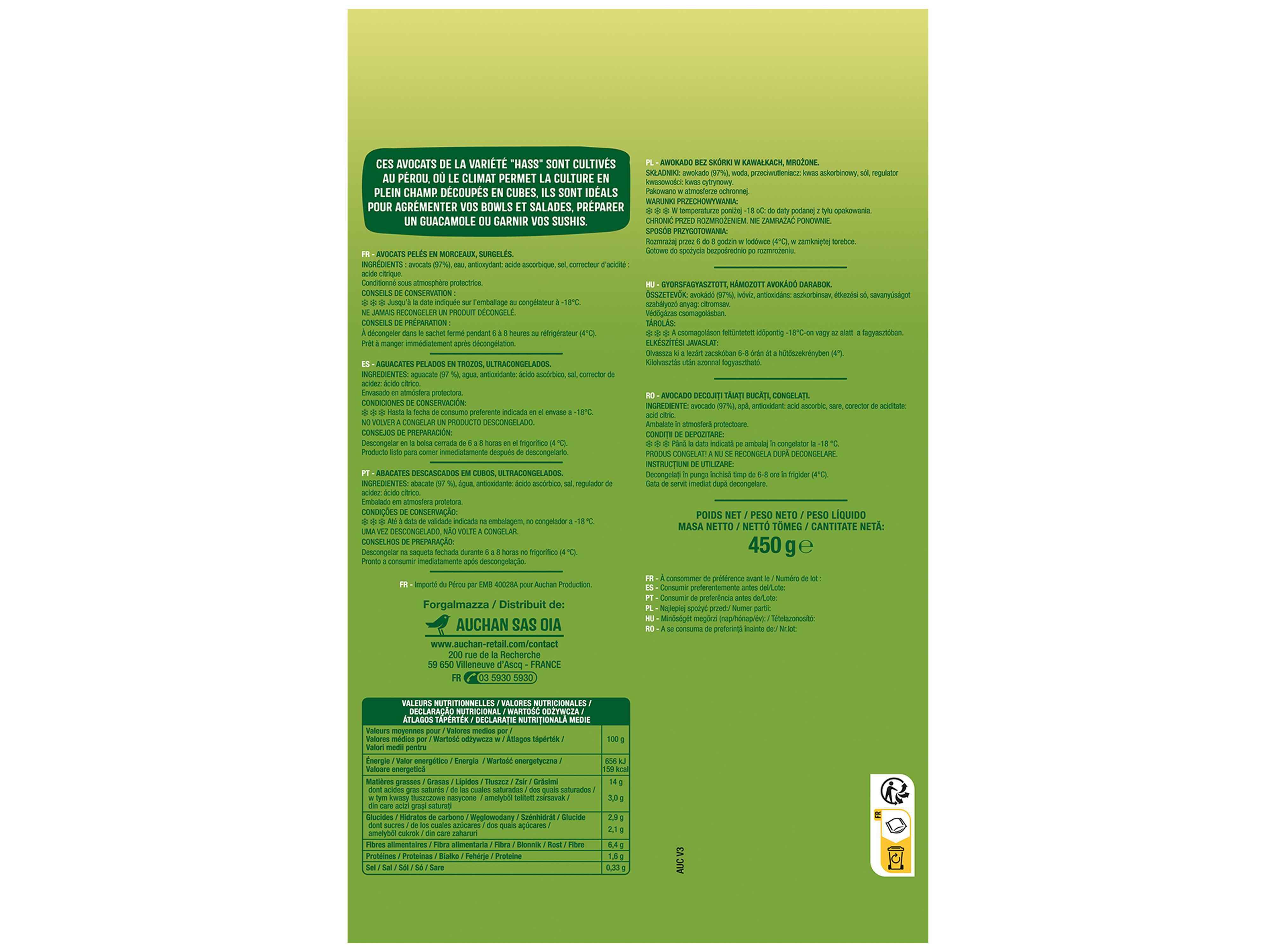 ABACATE AUCHAN EM PEDA&Ccedil;OS 450G image number 1