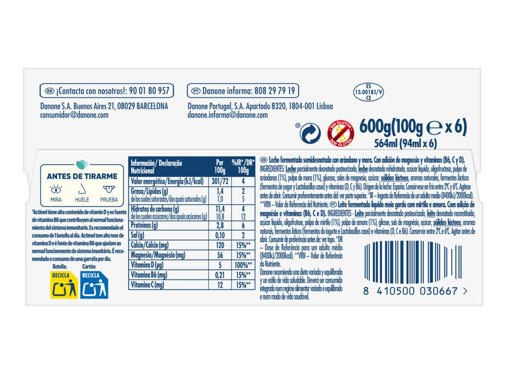 PROBIOTICO ACTIMEL AMORA MIRTILO 6X100G image number 1