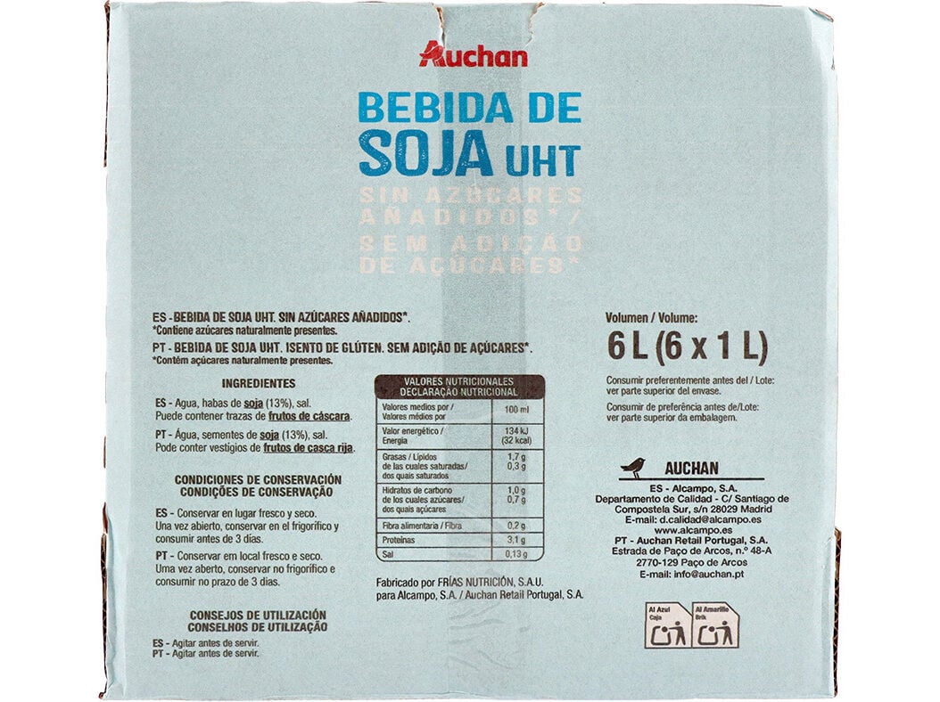 BEBIDA SOJA UHT AUCHAN SEM GL&Uacute;TEN E SEM A&Ccedil;&Uacute;CARES 6X1L image number 1