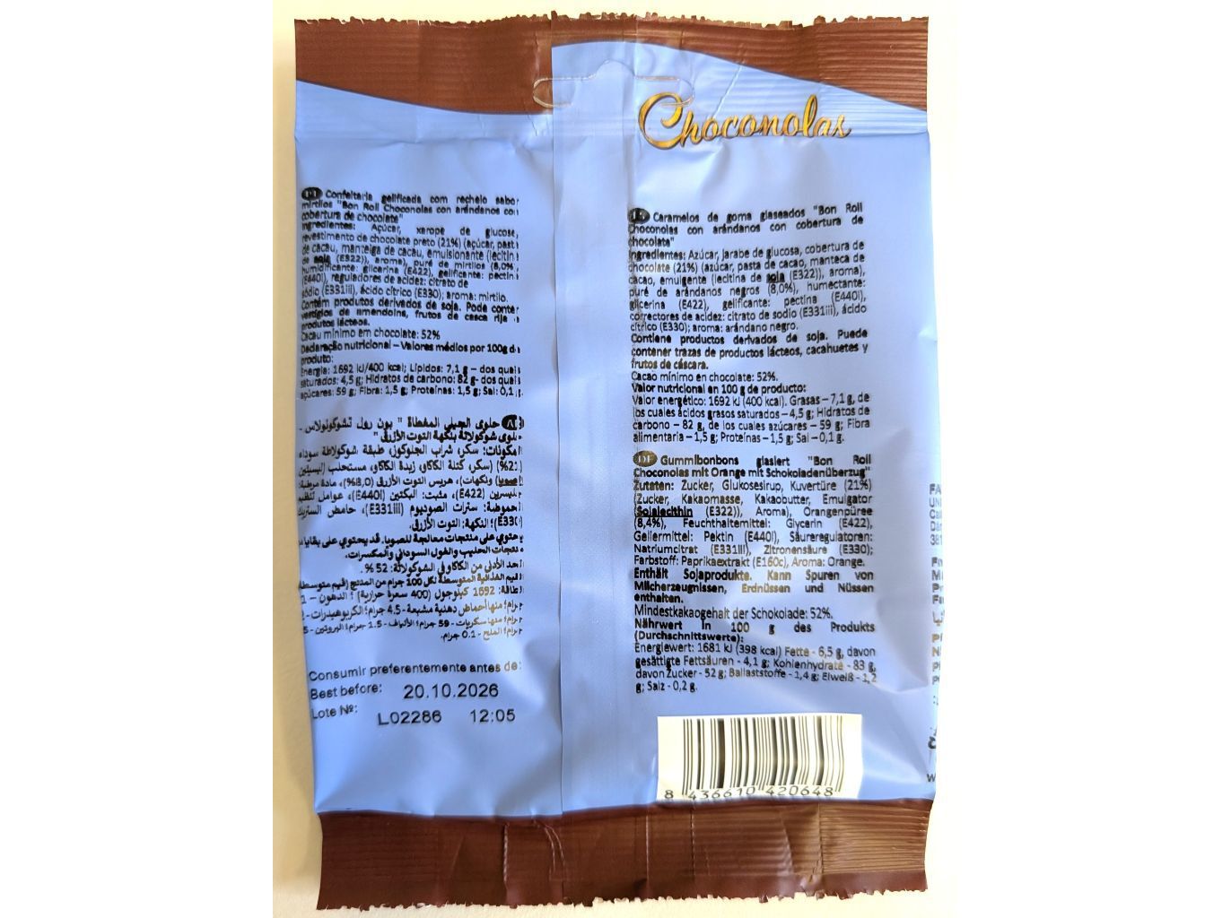 GOMAS BON ROLL MIRTILO COBERTURA CHOCOLATE NEGRO 72GR image number 1