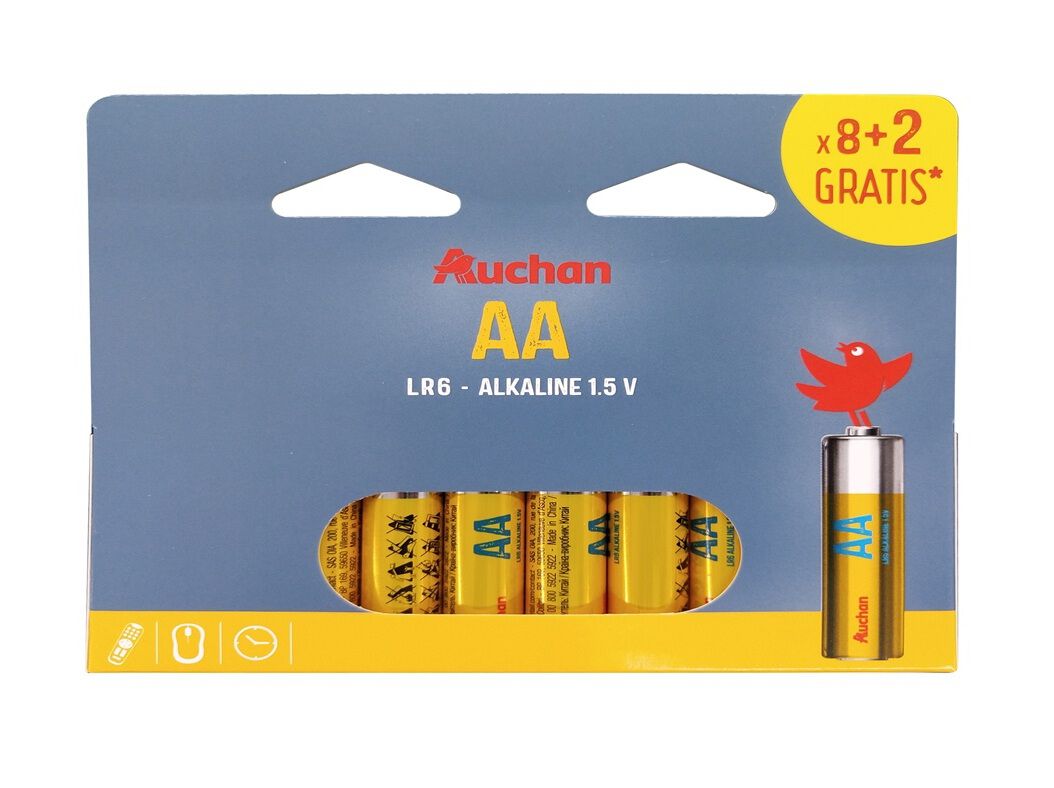 PILHAS ALCALINAS AUCHAN LR06 AA 1.5V 10 UNIDADES