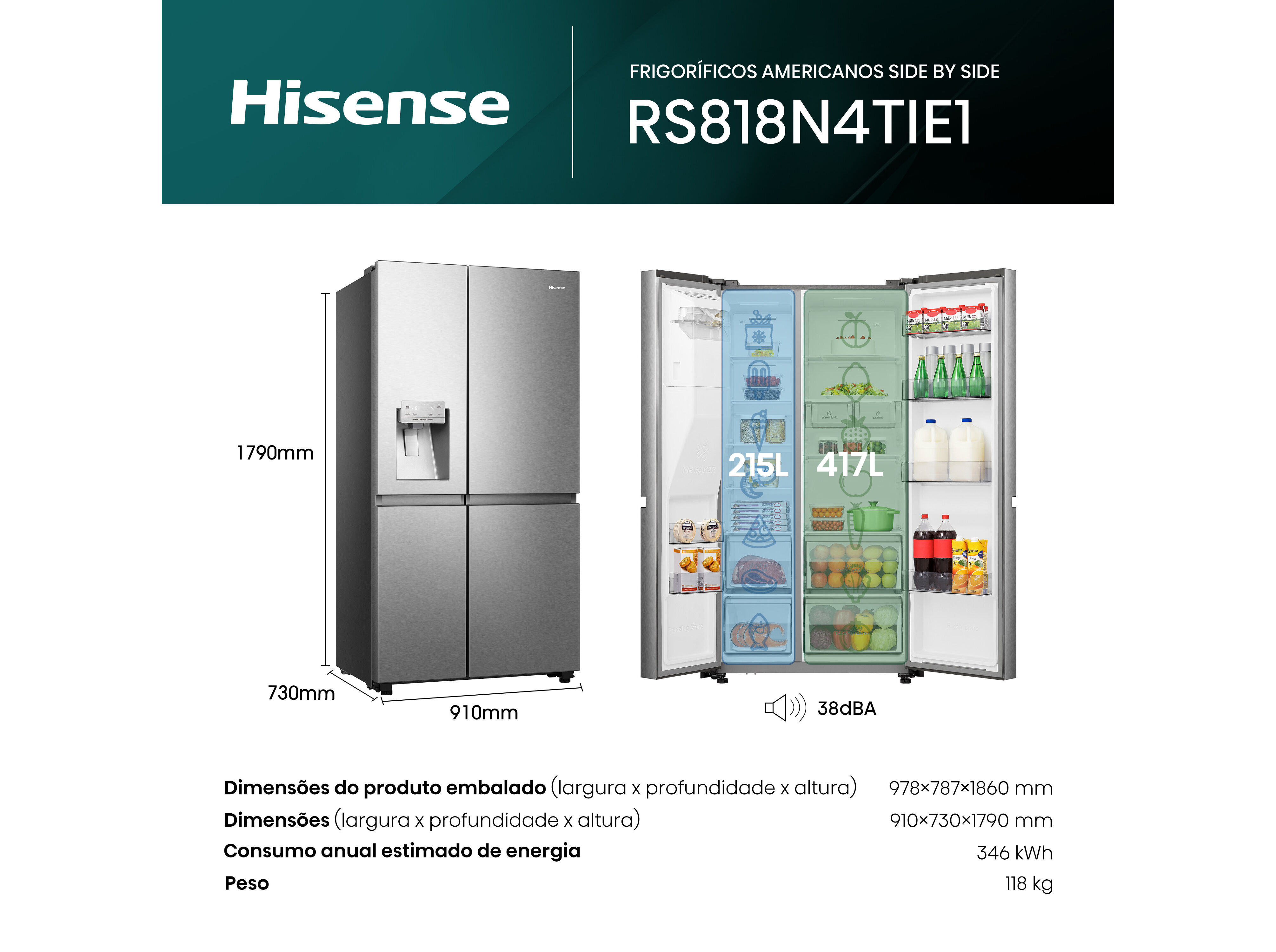 FRIGOR&Iacute;FICO AMERICANO HISENSE RS818N4TIE1 (NO FROST E 179CM 632L LOOK INOX) image number 2