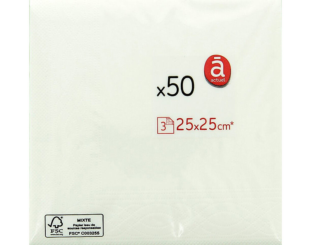 GUARDANAPOS FOLHA TRIPLA ACTUEL BRANCO 25X25CM PACK 50 UNIDADES