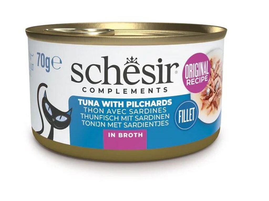 COMIDA H&Uacute;MIDA PARA GATO SCHESIR LATA COM ATUM E PEIXE AZUL 70G image number 0