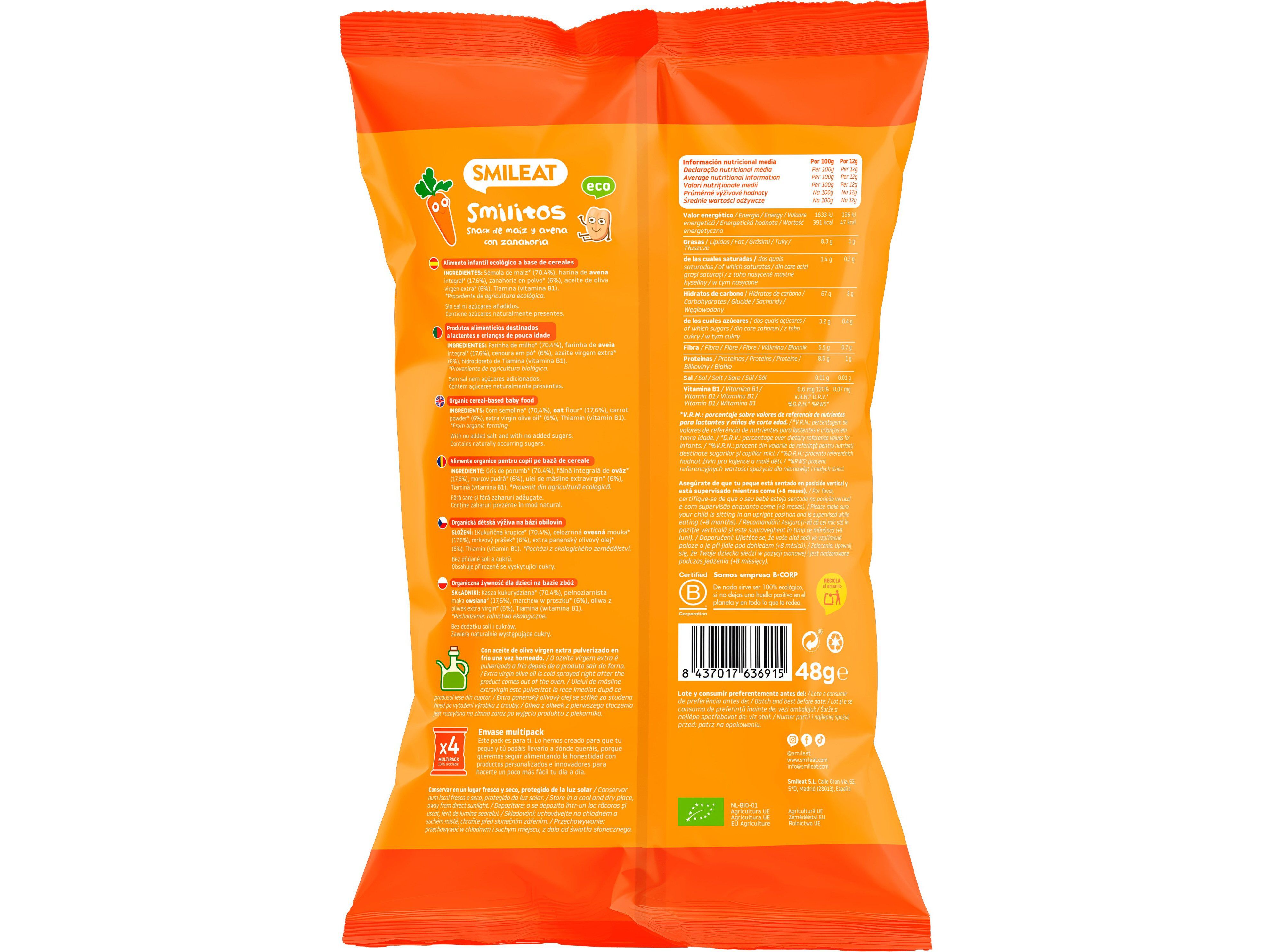 SNACKS SMILEAT BIO MILHO AVEIA CENOURA 4X12G image number 1