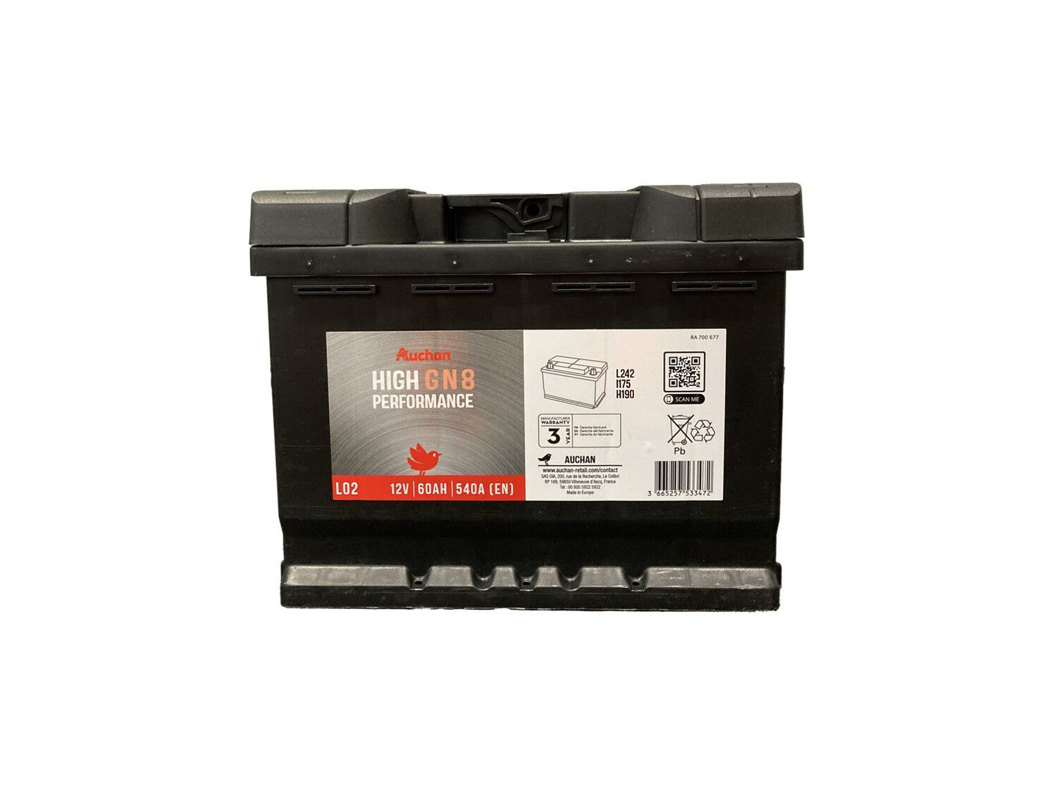 BATERIA AUTO AUCHAN GN8 60AH/540A