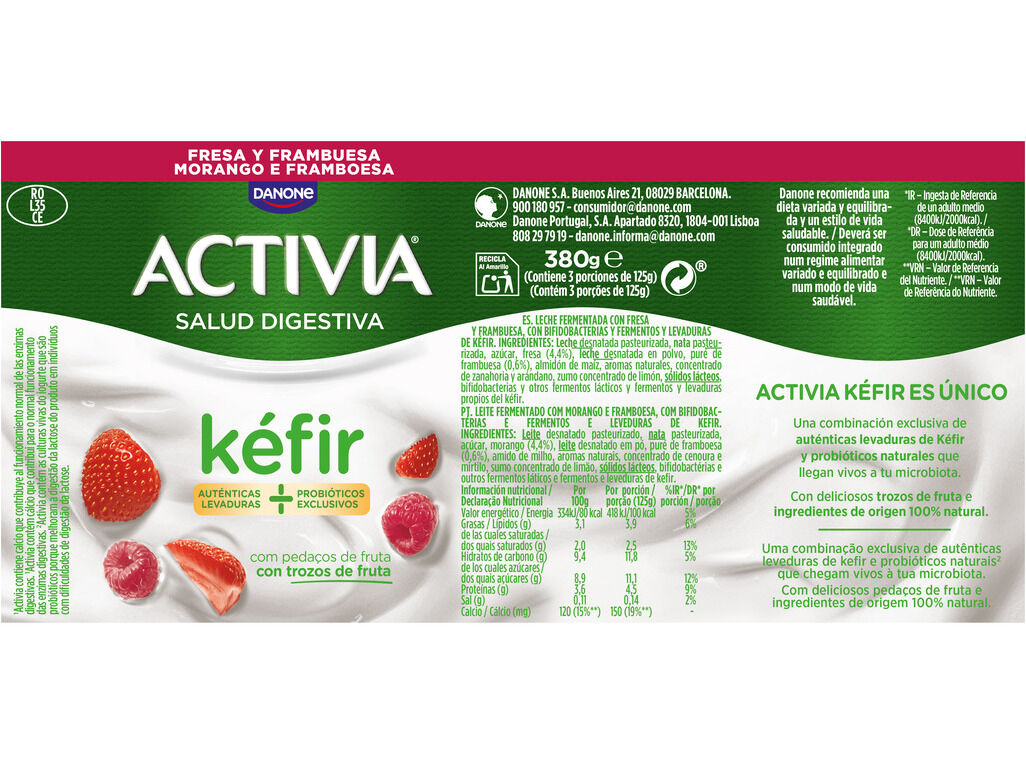 KEFIR ACTIVIA MORANGO FRAMBOESA 380G image number 1