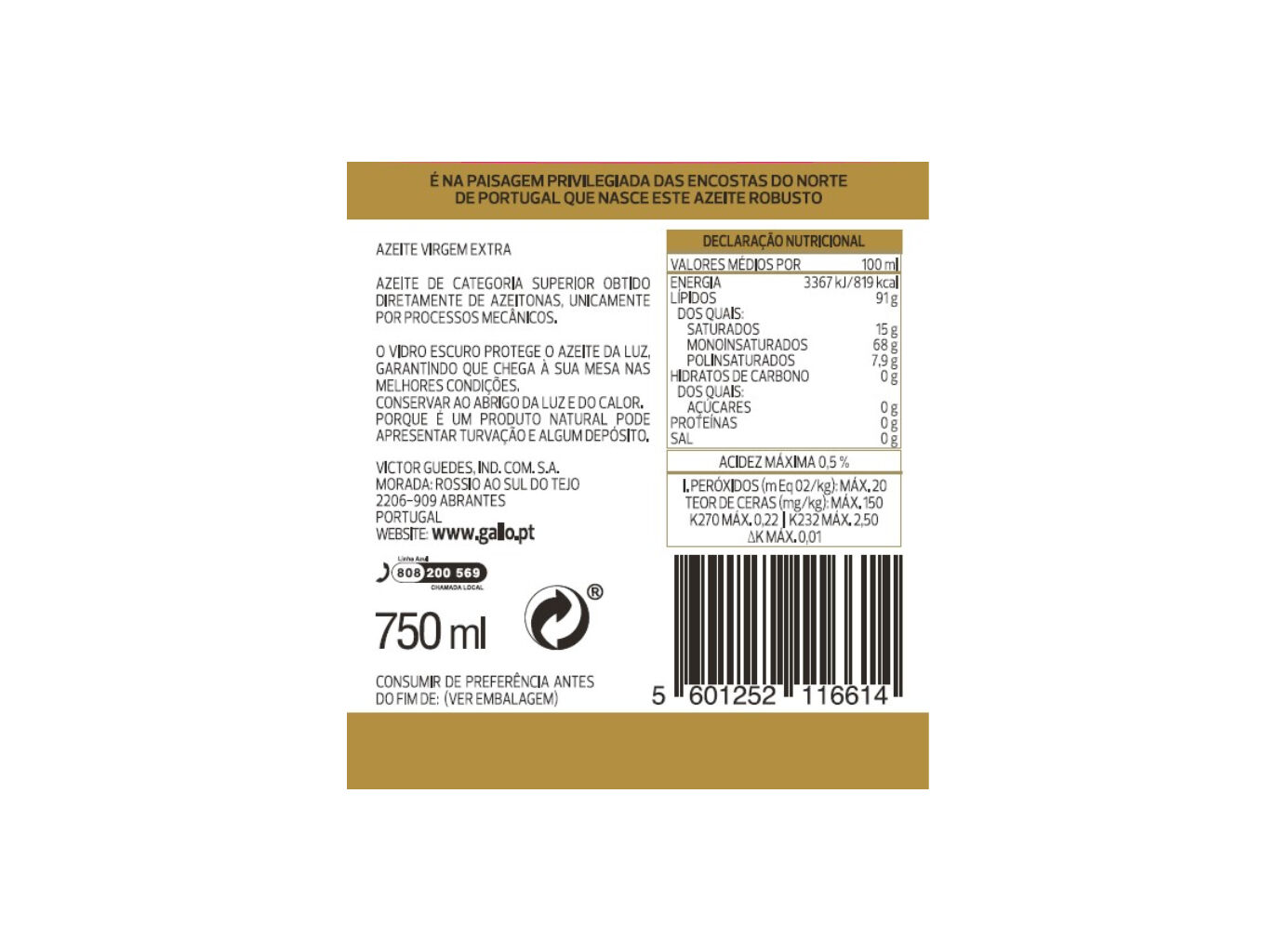 AZEITE GALLO VIRGEM EXTRA SOCALCOS 750ML image number 1