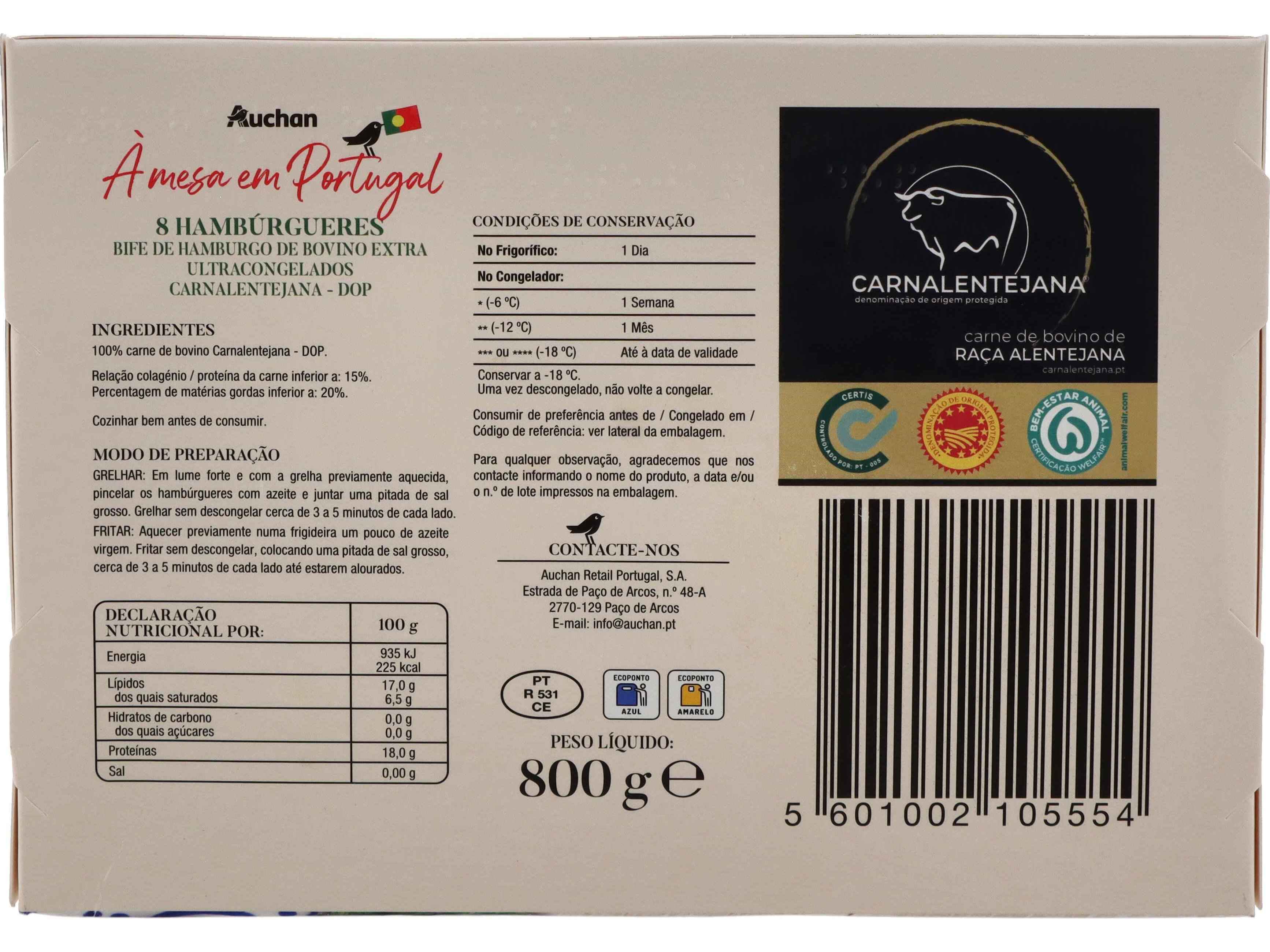 HAMB&Uacute;RGUERES DOP AUCHAN &Agrave; MESA EM PORTUGAL 100% BOVINO ALENTEJANO 8X100G image number 1