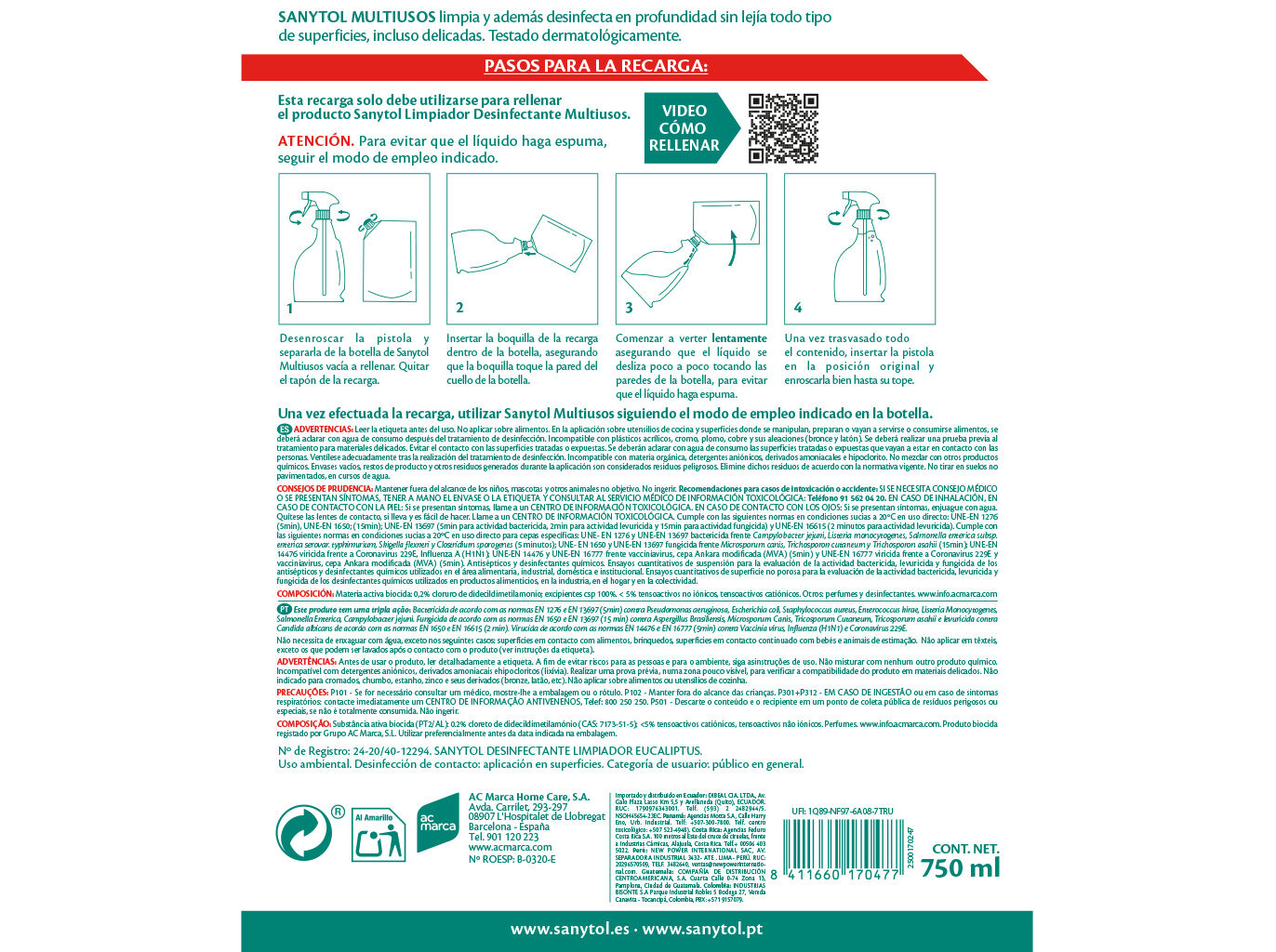 LIMPADOR DESINFETANTE SANYTOL MULTIUSOS RECARGA 750 ML image number 2