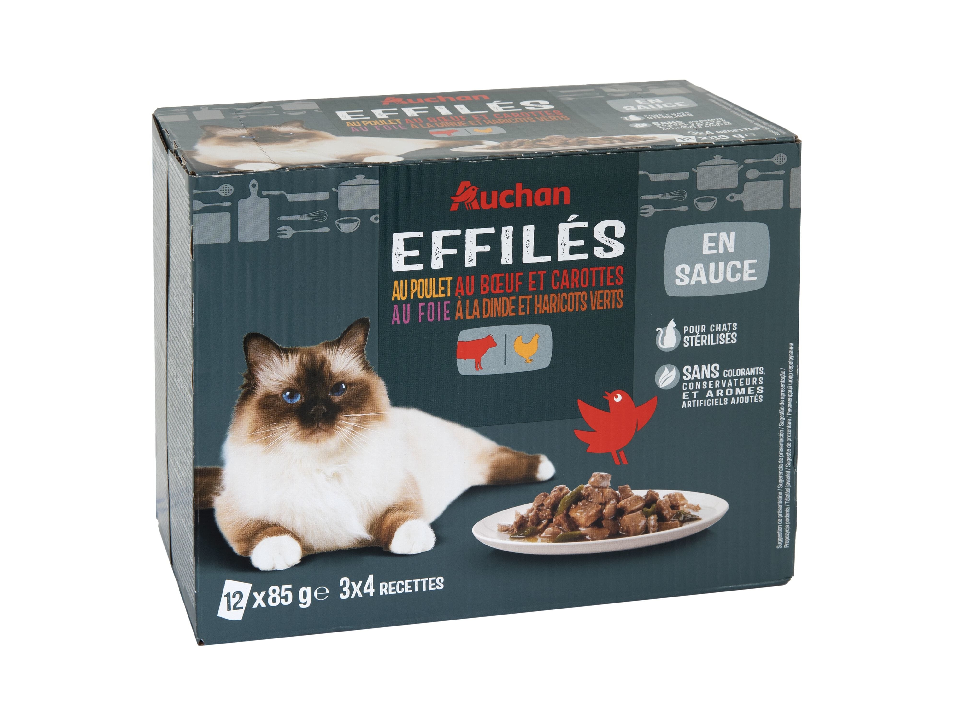 COMIDA H&Uacute;MIDA PARA GATO AUCHAN ESTERILIZADO SAQUETAS CARNES 12X85G image number 1