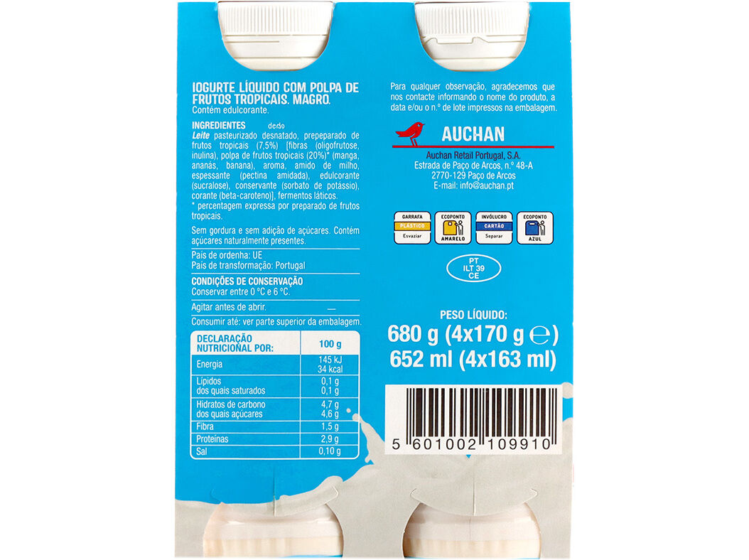 IOGURTE AUCHAN L&Iacute;QUIDO MAGRO TROPICAL 4X170G image number 2