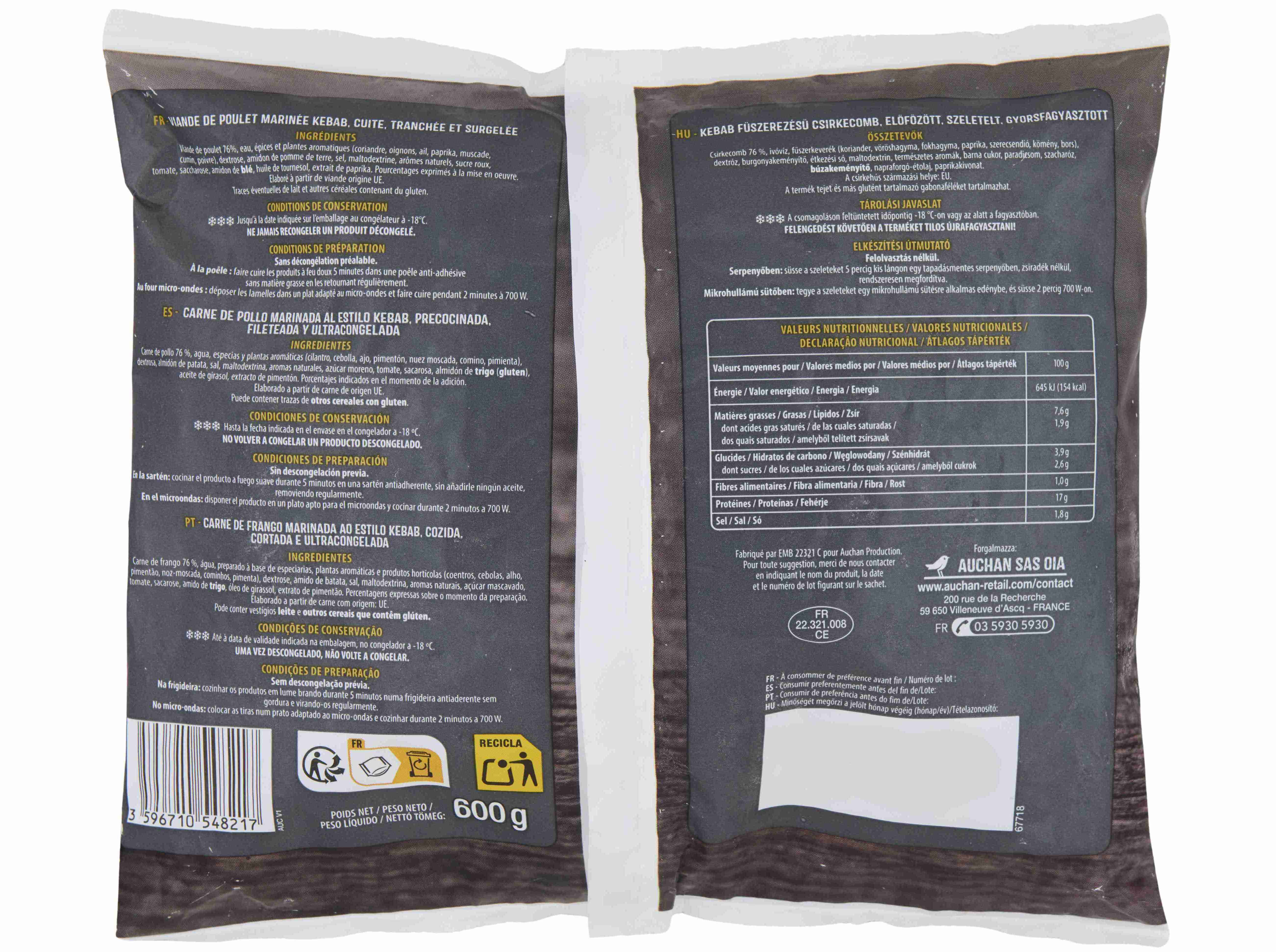 CARNE DE KEBAB AUCHAN FRANGO MARINADO 600G image number 1