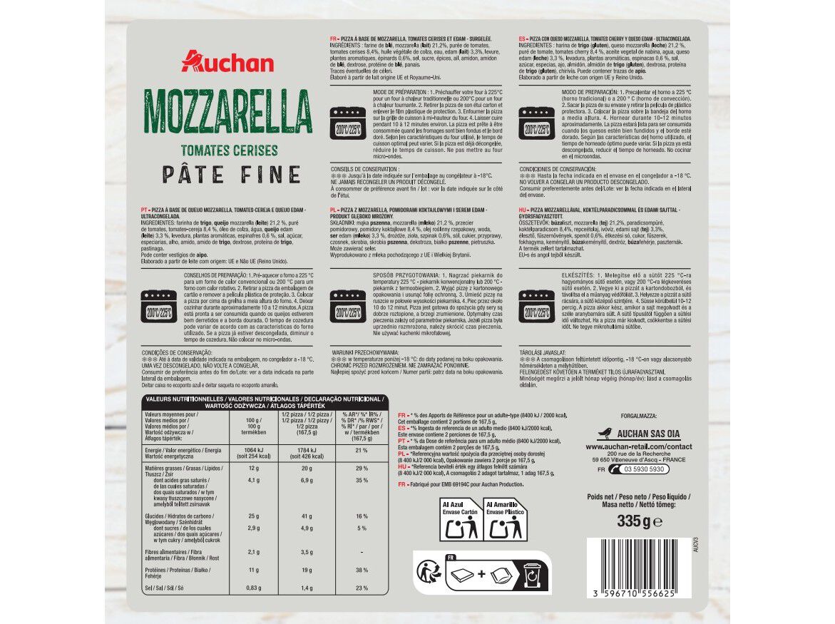 PIZZA AUCHAN MASSA FINA MOZZARELLA 335G image number 1