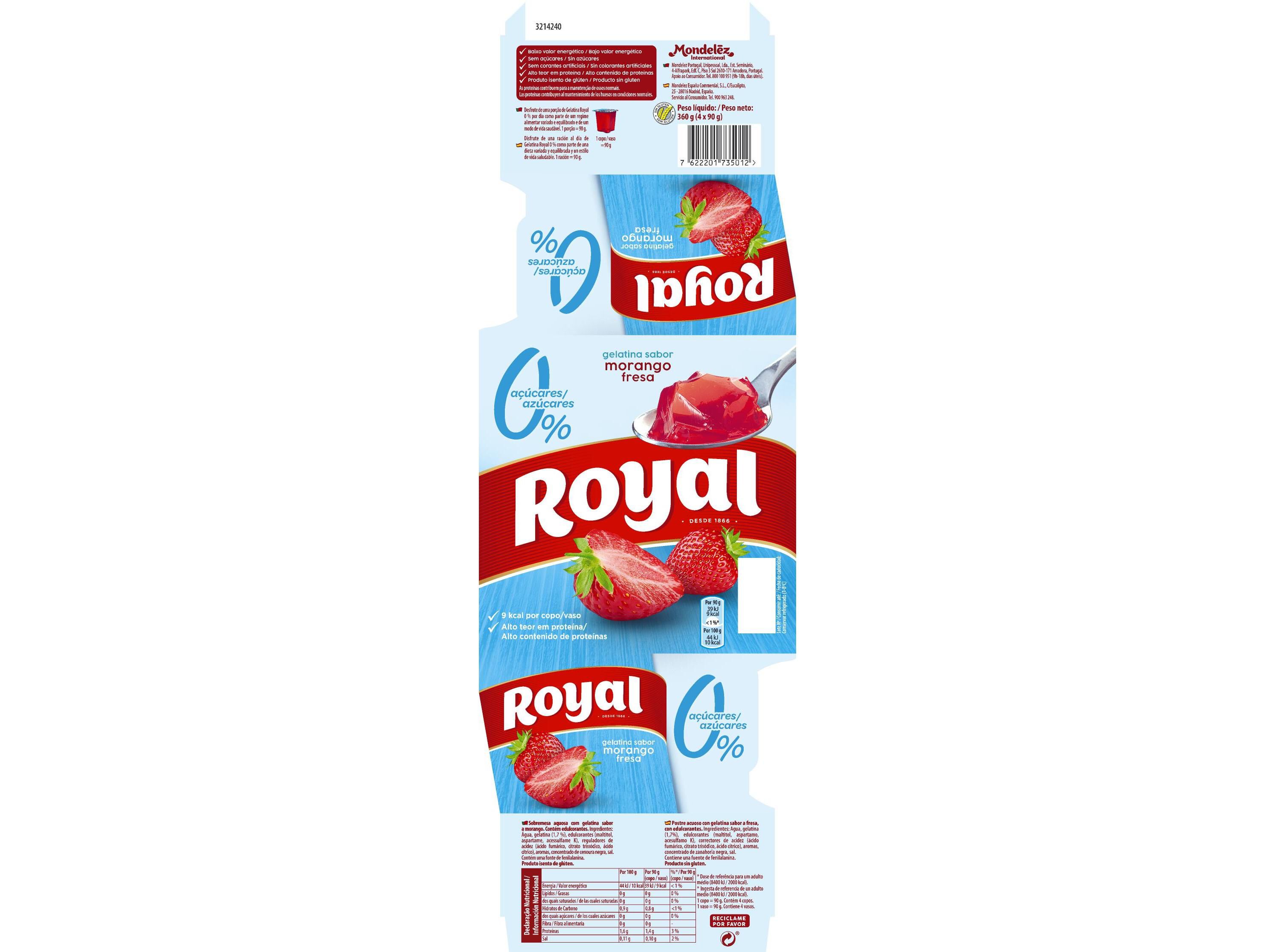 GELATINA ROYAL MORANGO 0% DE A&Ccedil;&Uacute;CAR 4X90 G image number 1