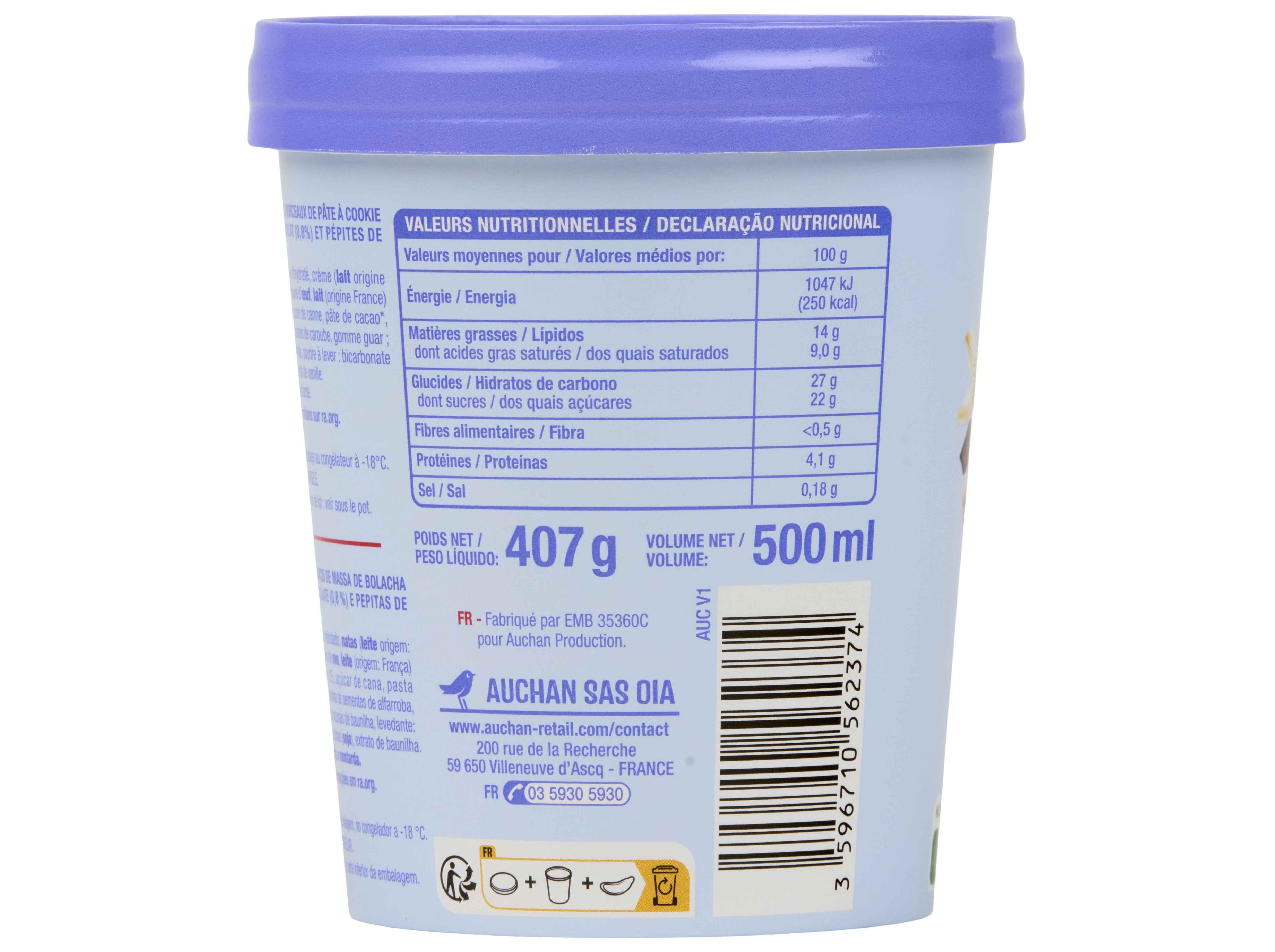 GELADO AUCHAN COOKIE DOUGH 500ML image number 1