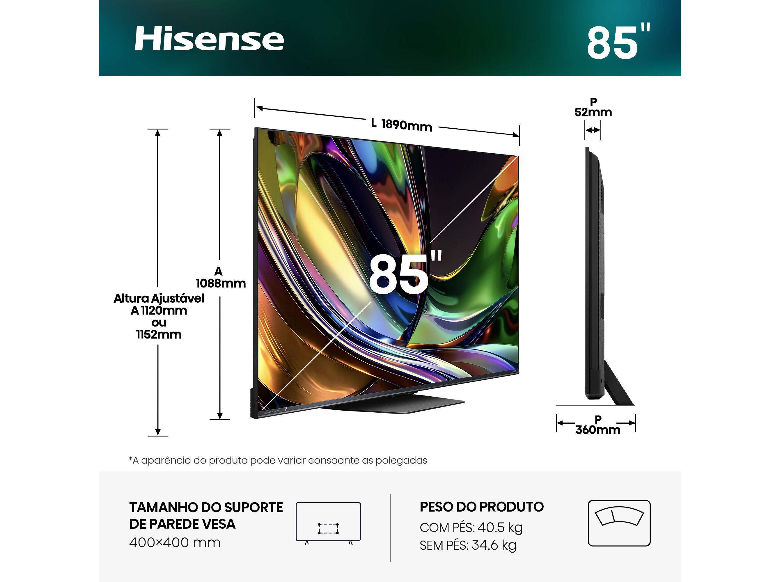 TV RGB MINILED HISENSE 85UR8S (85'' 180HZ SMART TV 215CM) image number 1