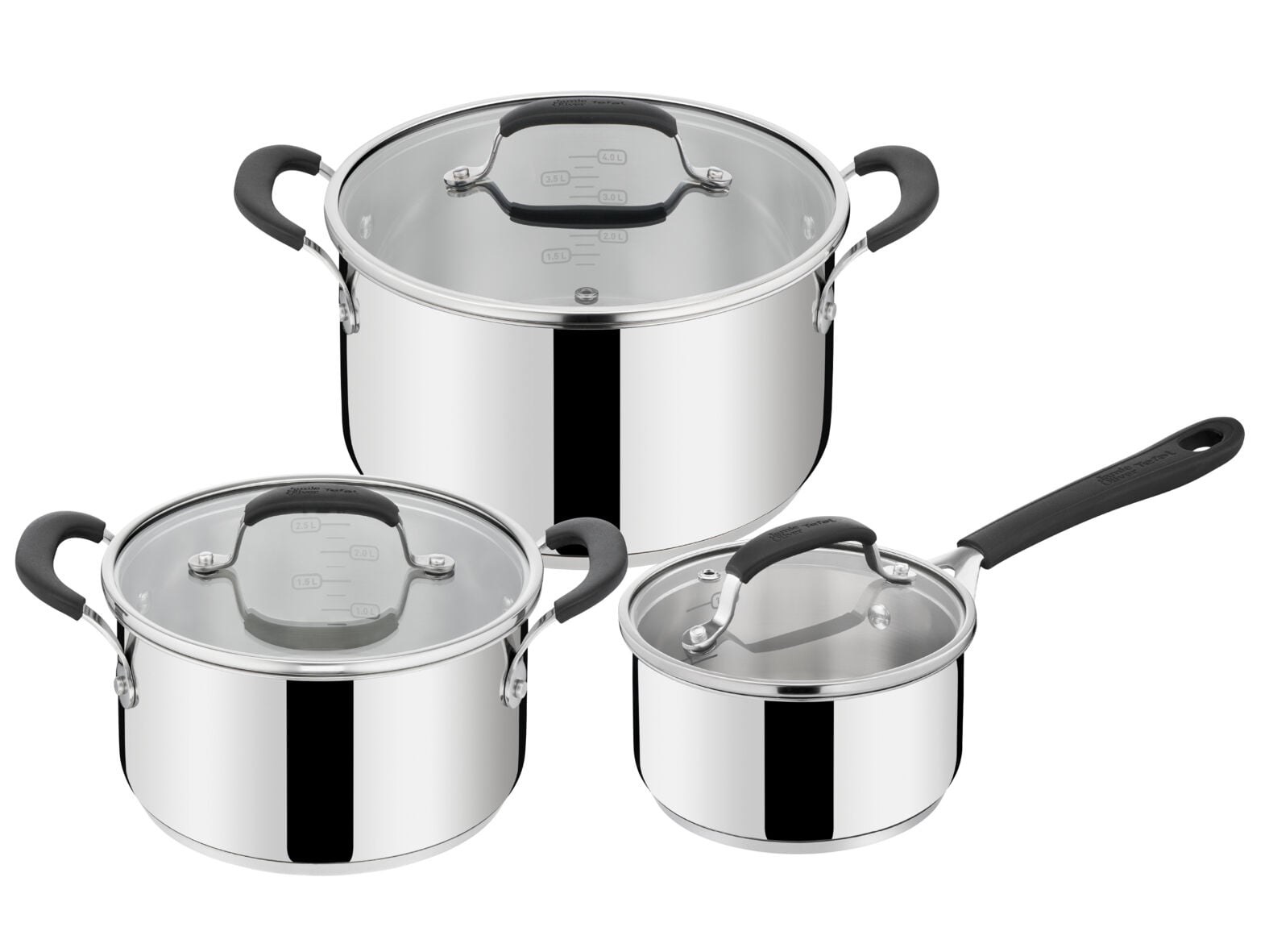 TREM DE COZINHA TEFAL JAMIE OLIVER EM INOX COM TAMPAS DE VIDRO  CA&Ccedil;AROLA 16 CM E TACHOS 20/24 CM