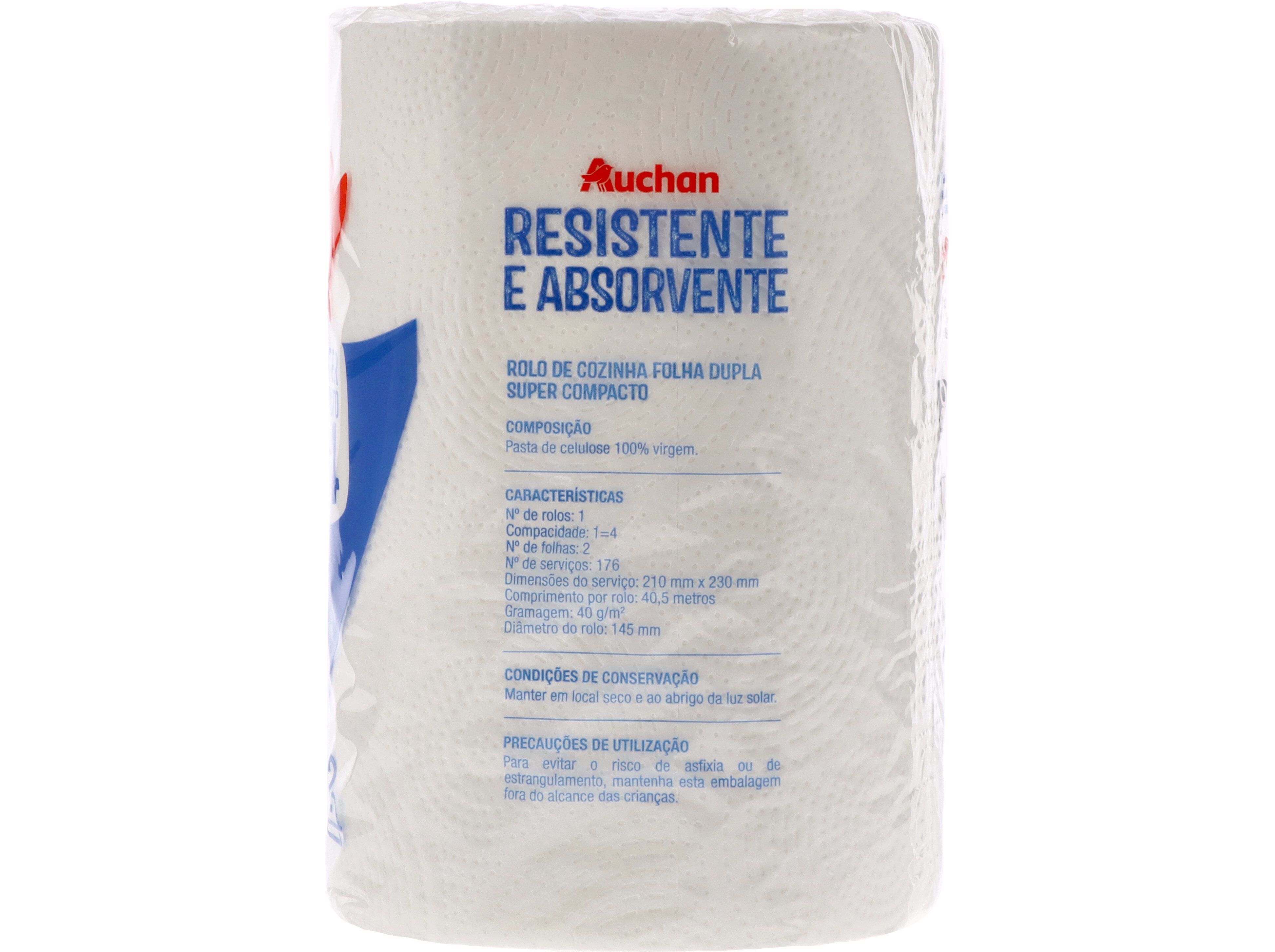 ROLO COZINHA AUCHAN RESISTENTE E ABSORVENTE 2 FOLHAS SUPER COMPACTO 1 ROLO = 4 ROLOS image number 2