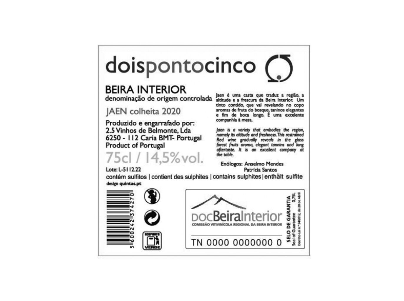 VINHO TINTO DOISPONTOCINCO JAEN BEIRAS 0.75L image number 1