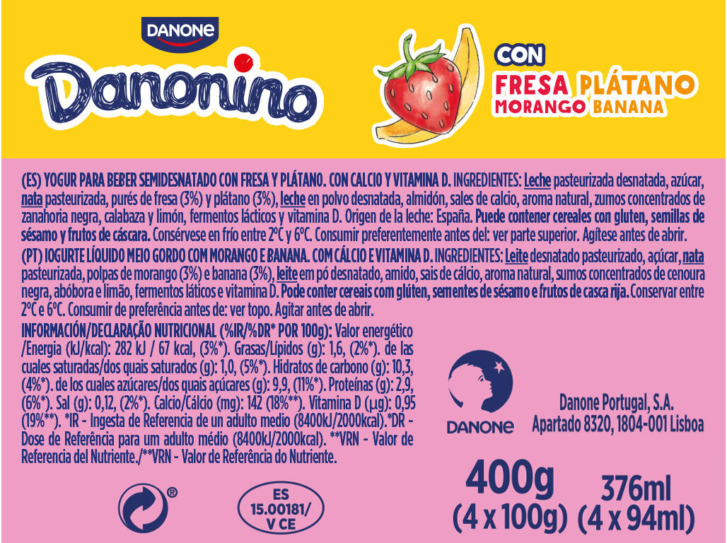 IOGURTE INFANTIL DANONINO P/BEBER MORANGO BANANA 4X100G image number 1