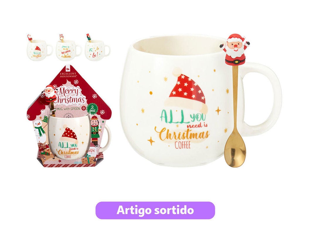 CONJUNTO GIFT NATAL CANECA PORCELANA 600ML + COLHER MODELOS SORTIDOS