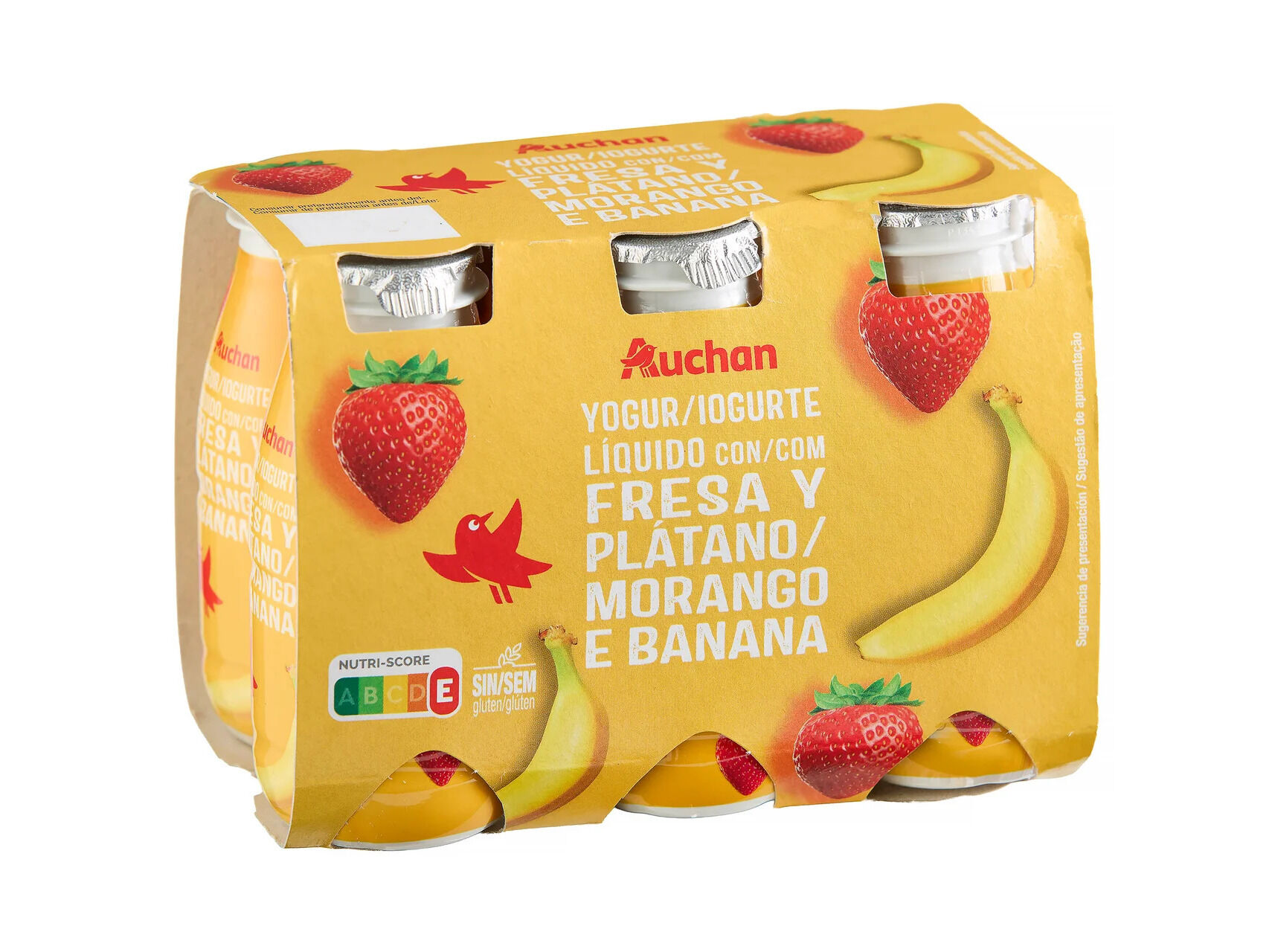 IOGURTE AUCHAN L&Iacute;QUIDO MORANGO E BANANA 6X100G image number 0