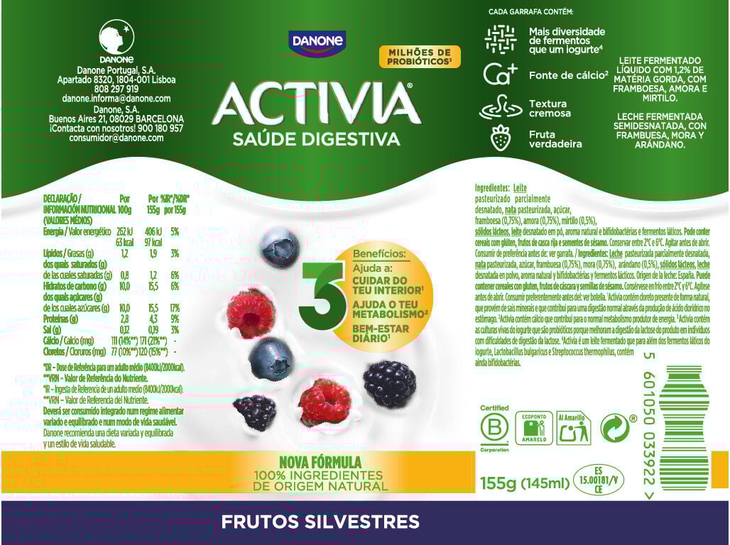 BIFIDUS DANONE ACTIVIA L&Atilde;QUIDO FRUTOS SILVESTRES 4X155G image number 1
