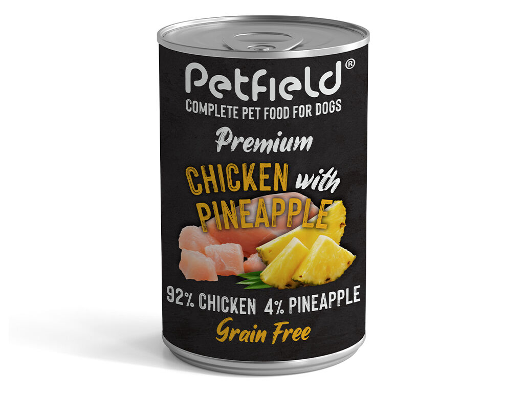 COMIDA H&Uacute;MIDA C&Atilde;O PETFIELD FRANGO E ANAN&Aacute;S 400G