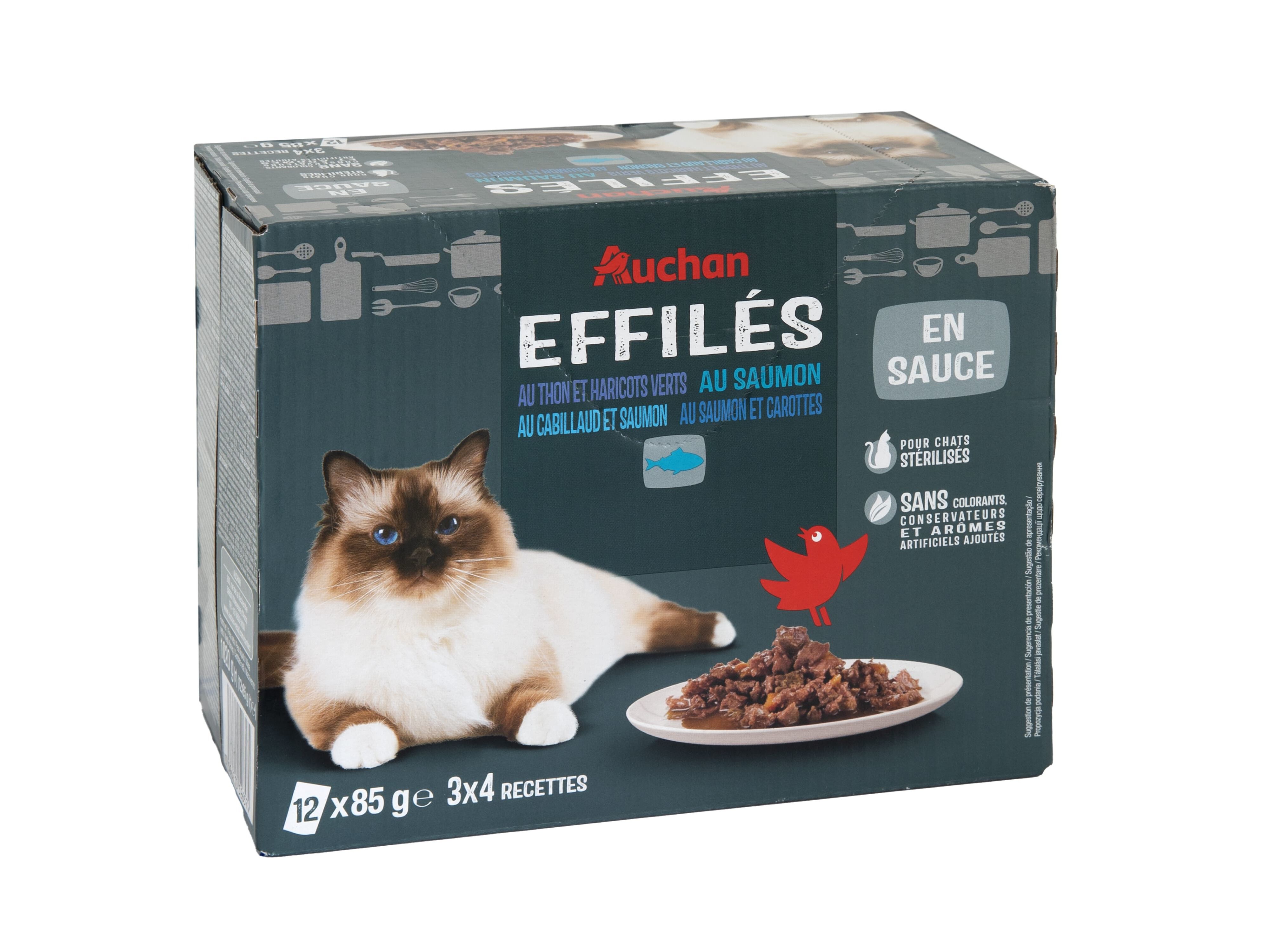 COMIDA H&Uacute;MIDA PARA GATO AUCHAN ESTERILIZADO SAQUETAS PEDA&Ccedil;OS EM MOLHO PEIXES 12X85G image number 1