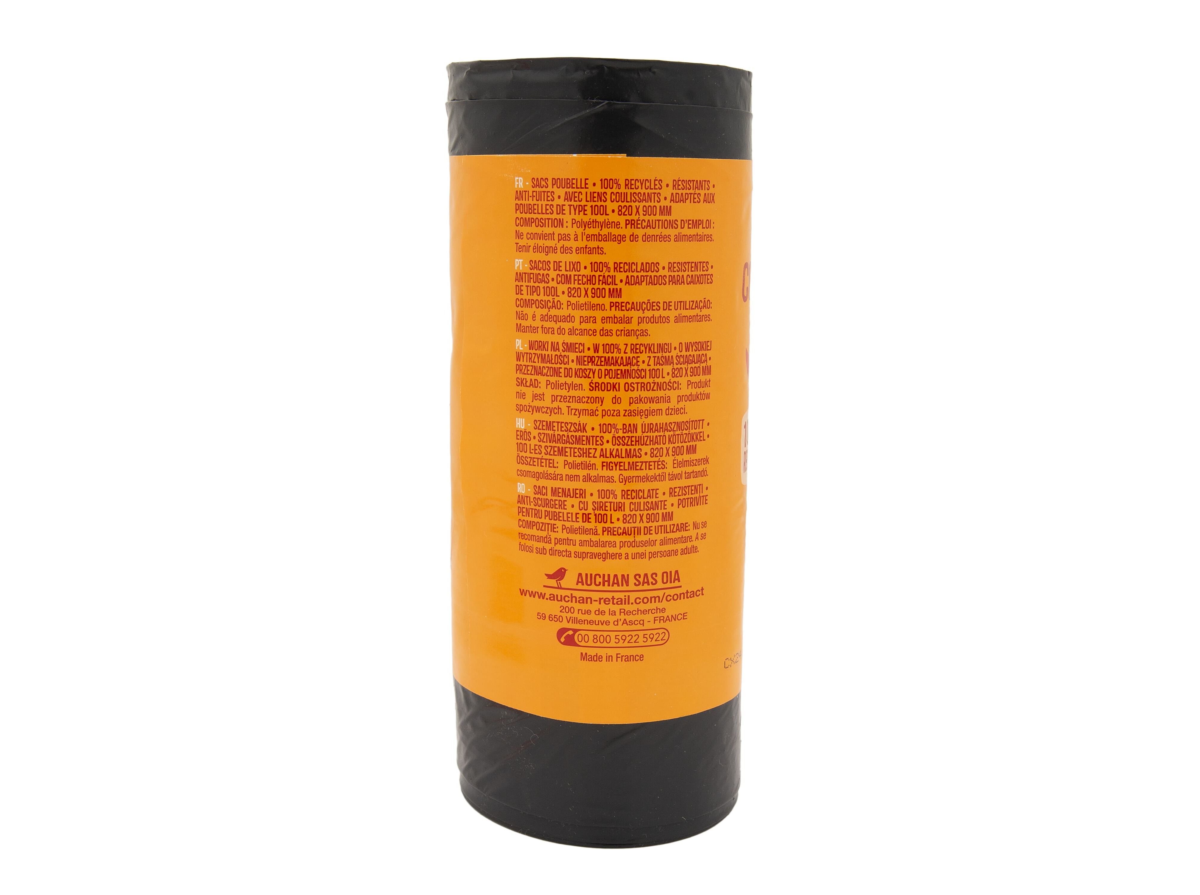 SACO DE LIXO AUCHAN FECHO F&Aacute;CIL 100L 100% RECICLADOS 10UN image number 1