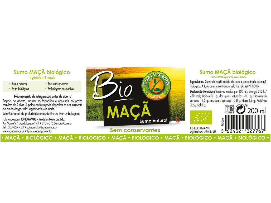 SUMO CEM PORCENTO BIO NATURAL DE MA&Ccedil;&Atilde; 200ML image number 1