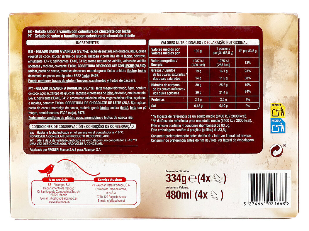 GELADO PALITO AUCHAN BAUNILHA E CHOCOLATE LEITE 4X120ML image number 1