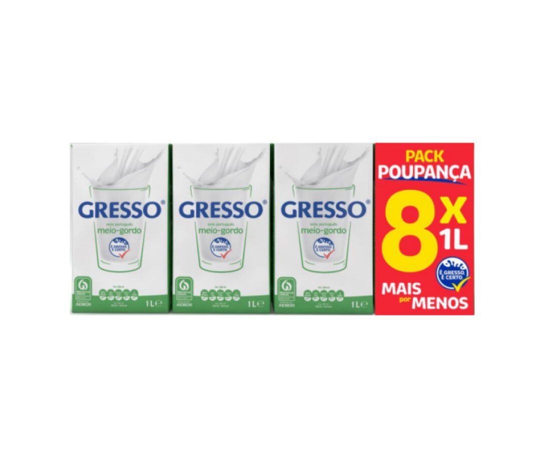 LEITE UHT GRESSO M/GORDO PACK POUPAN&Ccedil;A 8 X1L