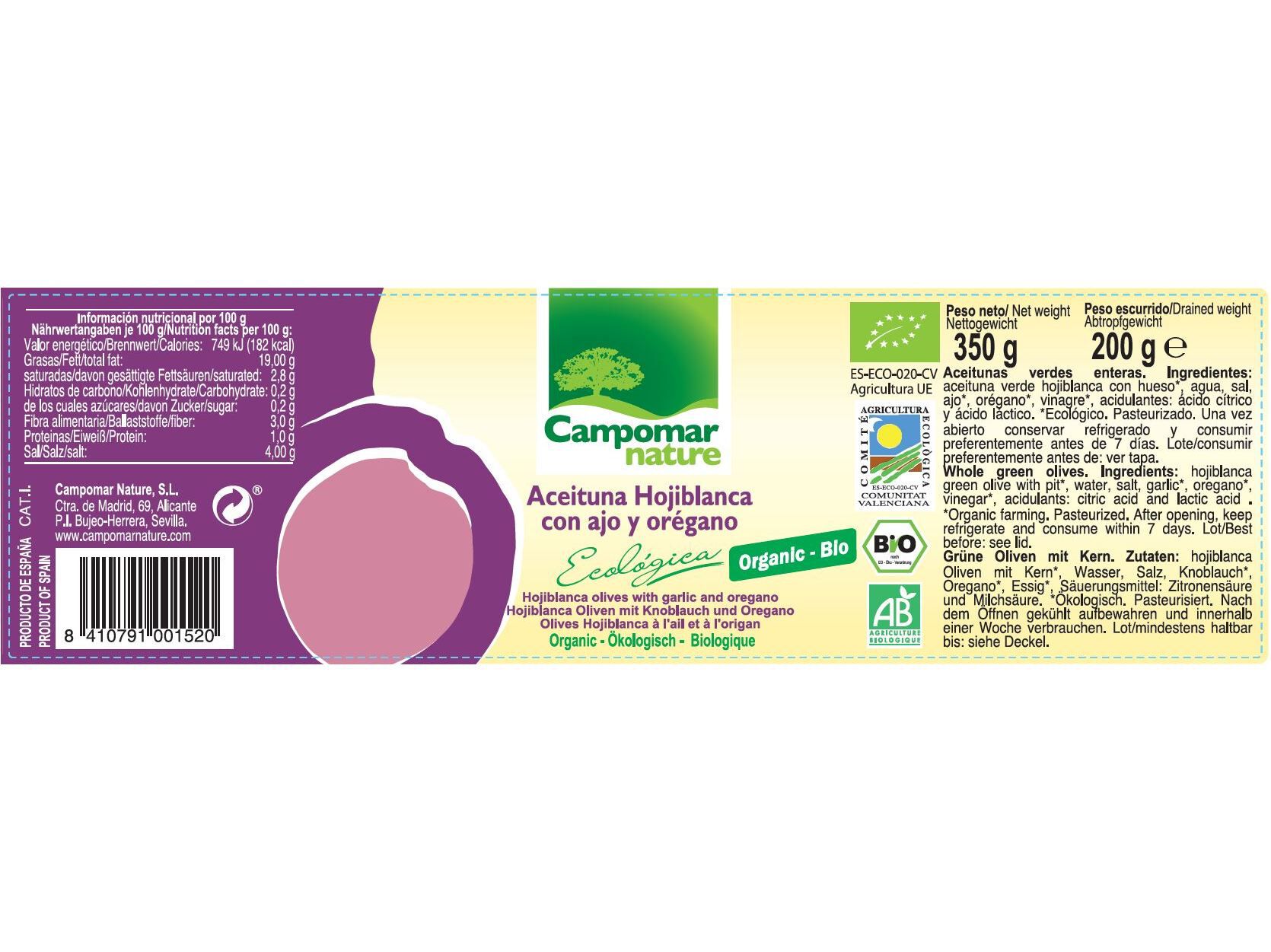 AZEITONAS CAMPOMAR NATURE HOJIBLANCA BIO 200G image number 1